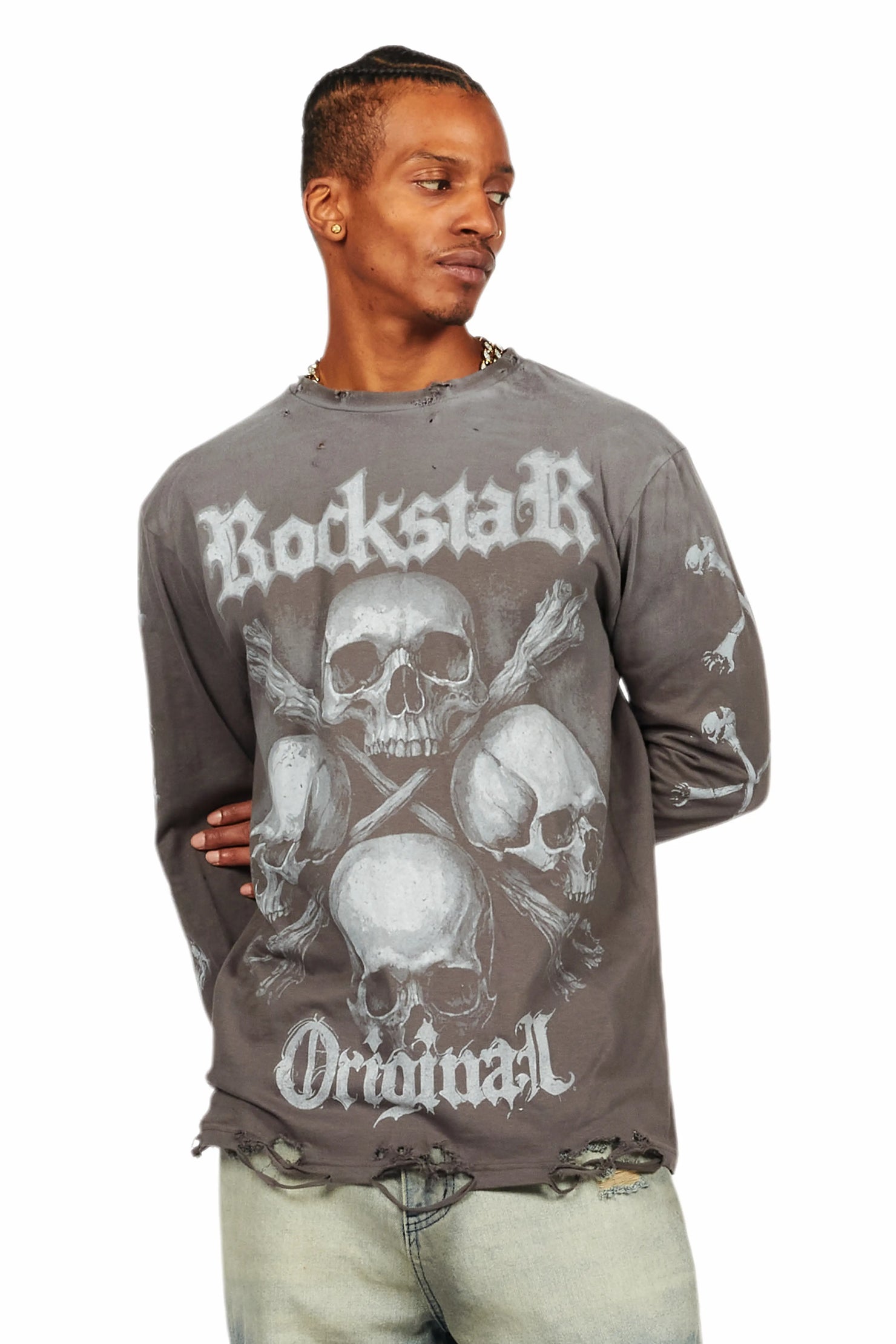 Skulls Charcoal Long Sleeve Graphic T-Shirt