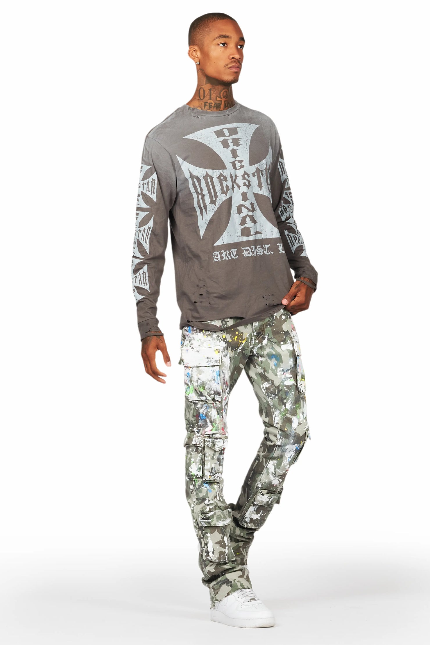 Callias Green Camo Painter Stacked Flare Jean