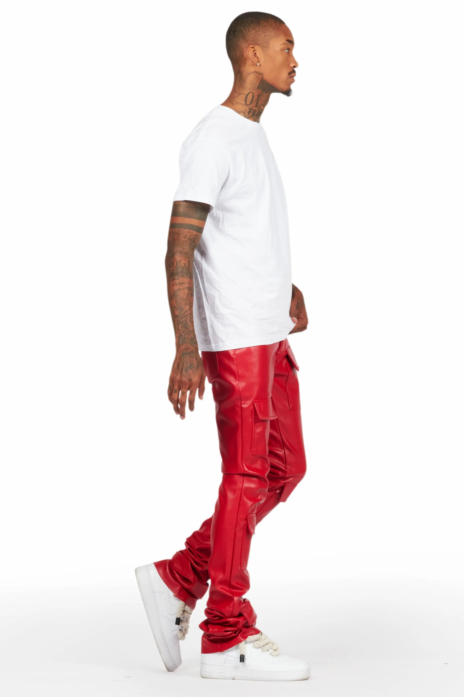 Petrus Red PU Stacked Flare Leather Jean