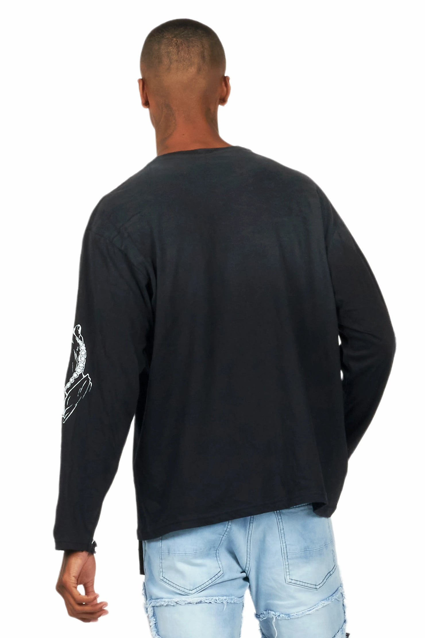 Vamp Black Long Sleeve Distressed Graphic T-Shirt