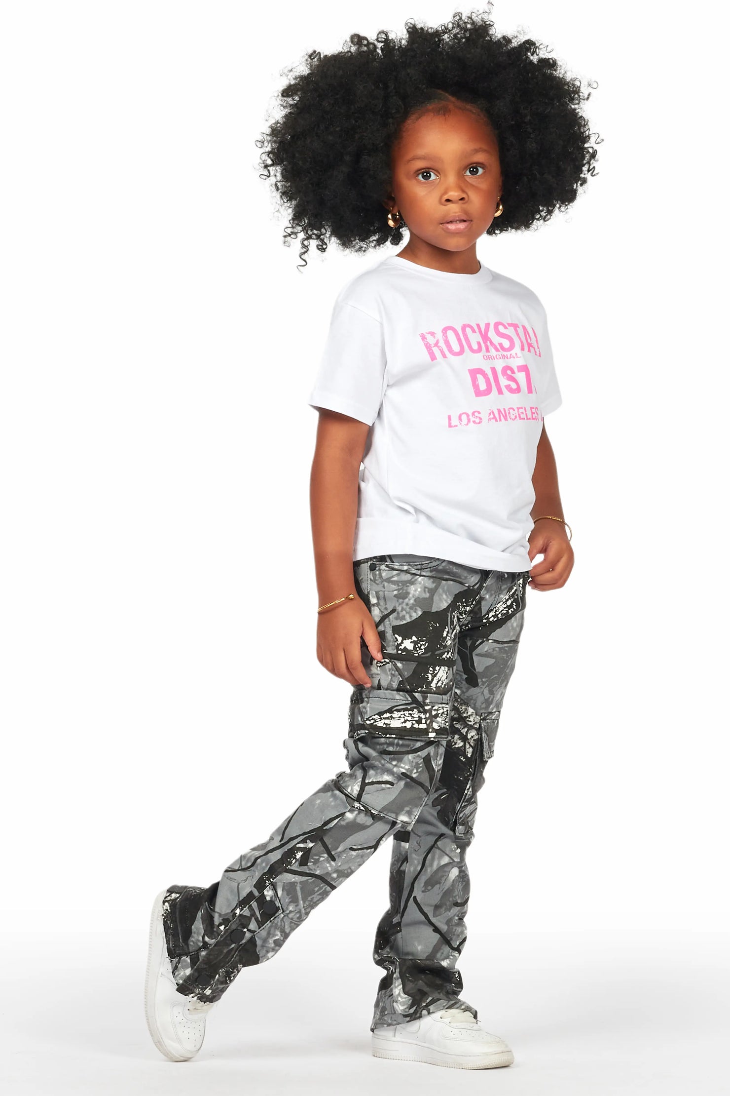 Girls Amiry Grey Camo Stacked Flare Cargo Jean