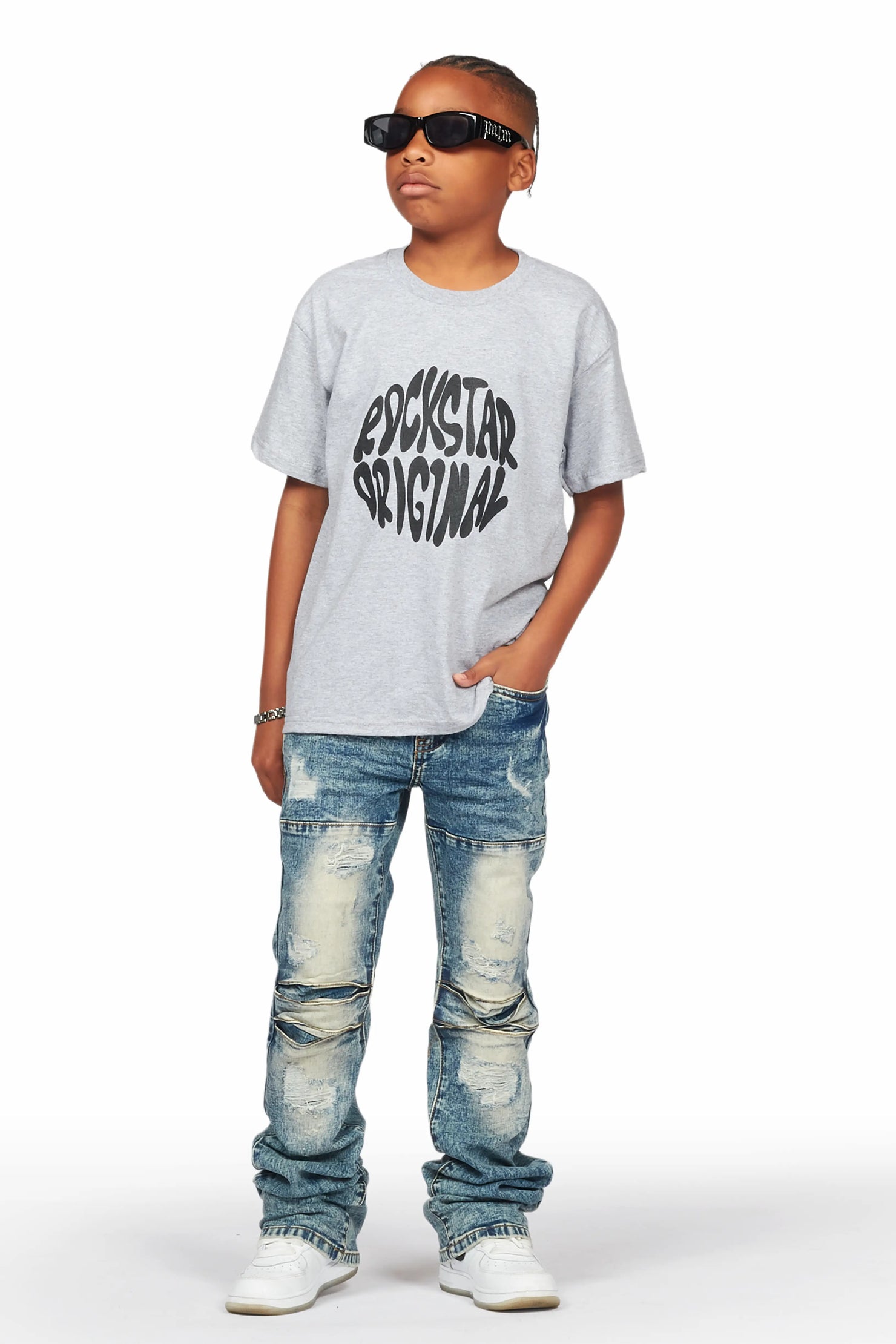 Boys Zaman Grey T-Shirt/Stacked Flare Jean Set