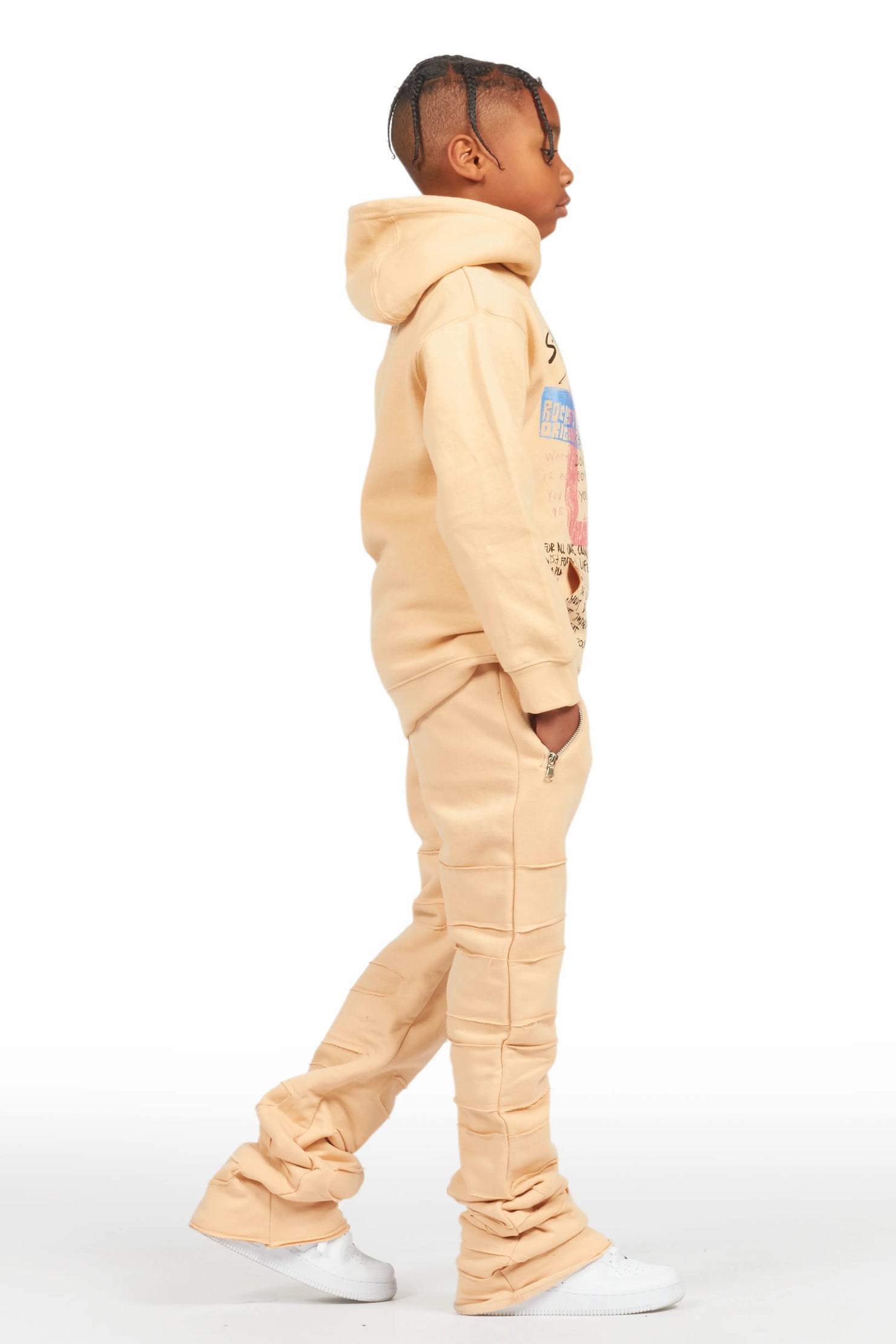 Boys Emilio Beige Stacked Flare Track Pant