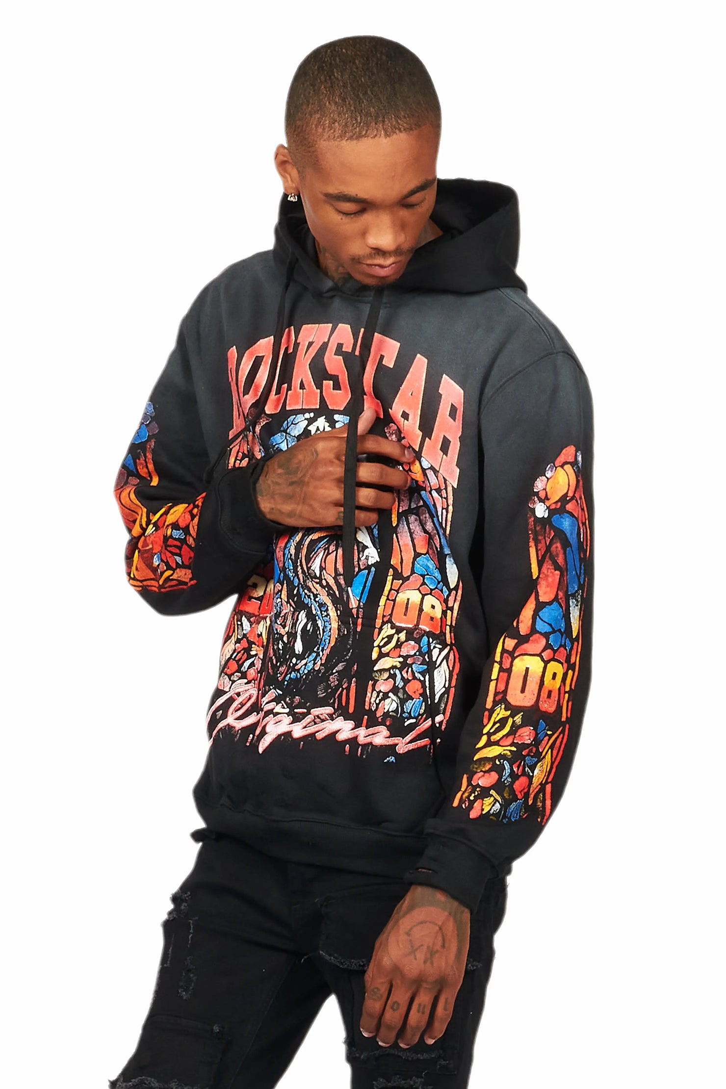 Nalo Black Graphic Distressed Hoodie