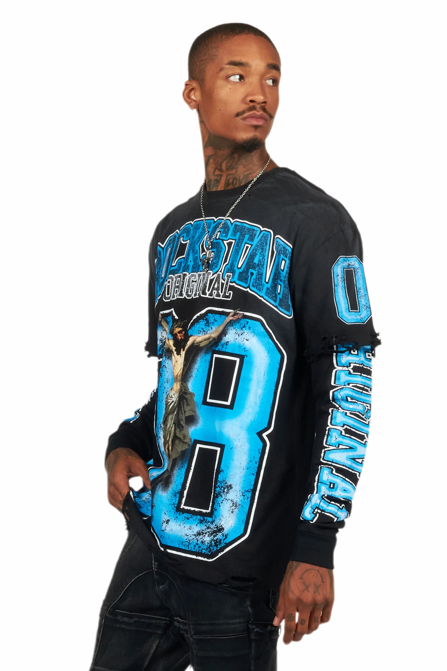 Fields Black/Blue Double Layer Long Sleeve Graphic T-Shirt