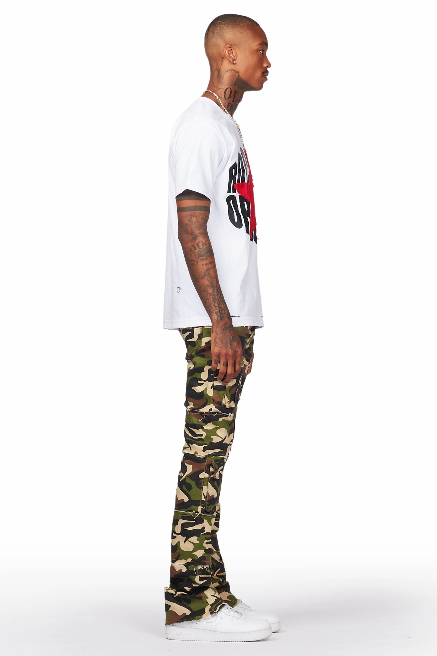 Duggar Green Camo Cargo Stacked Flare Jean