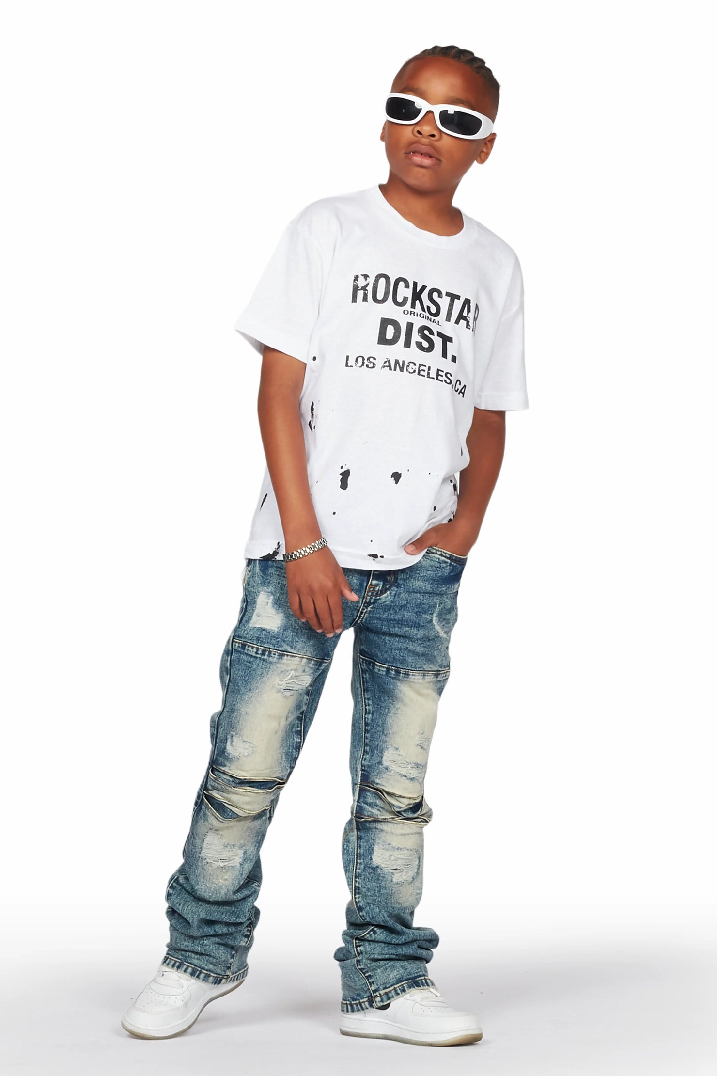 Boys Yasir White/Vintage T-Shirt/Stacked Flare Jean Set