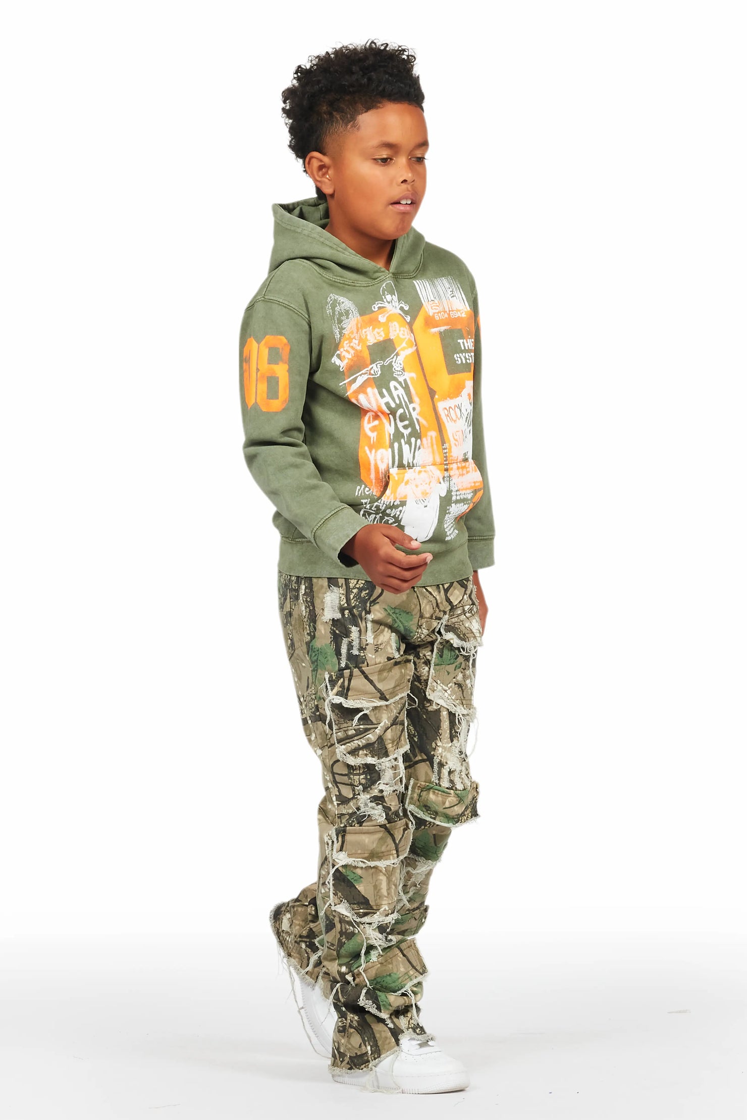 Boys Beau Tree Camo Hoodie/Stack Flare Jean Set