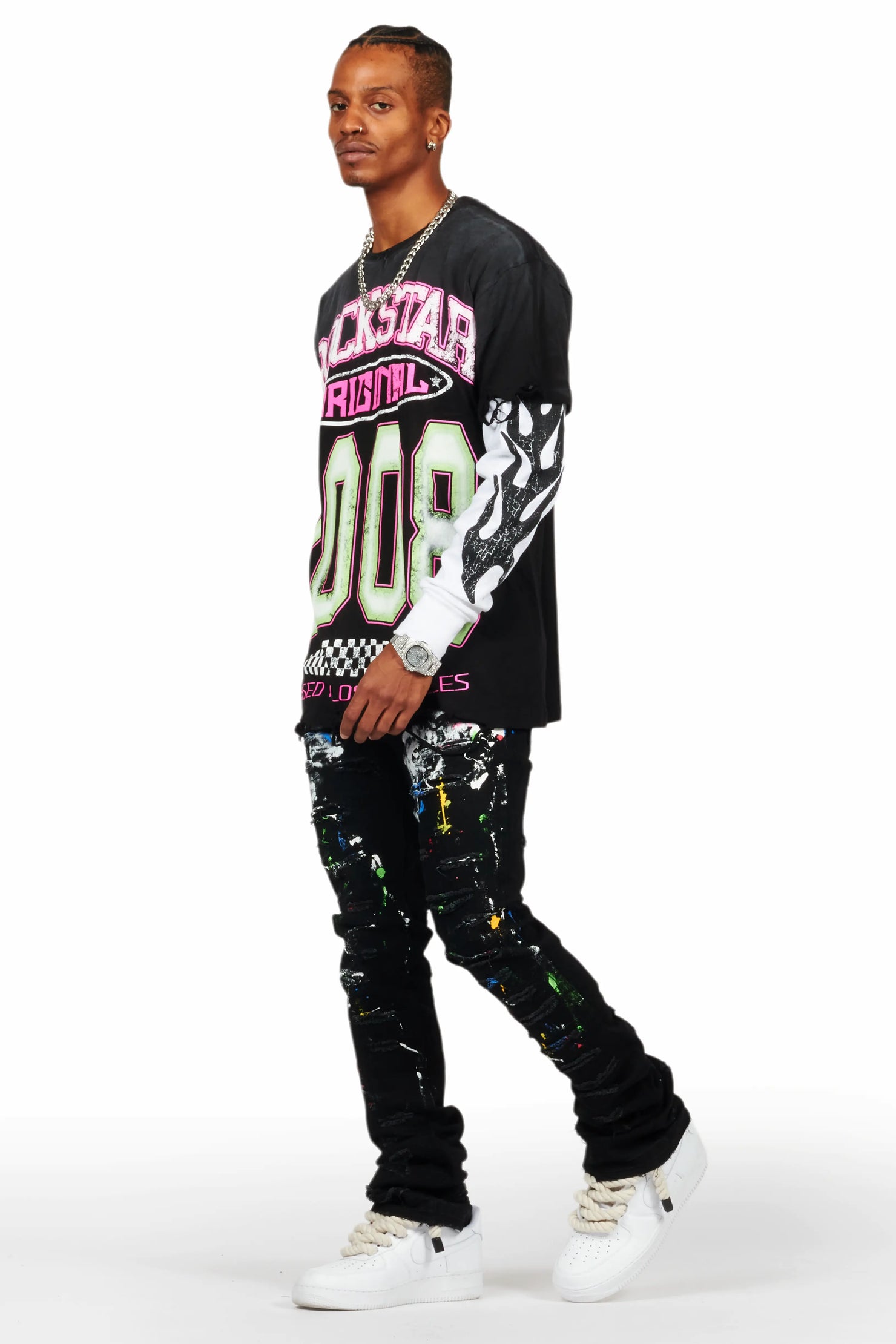 Jaren Black Double Layer Long Sleeve Graphic T-Shirt