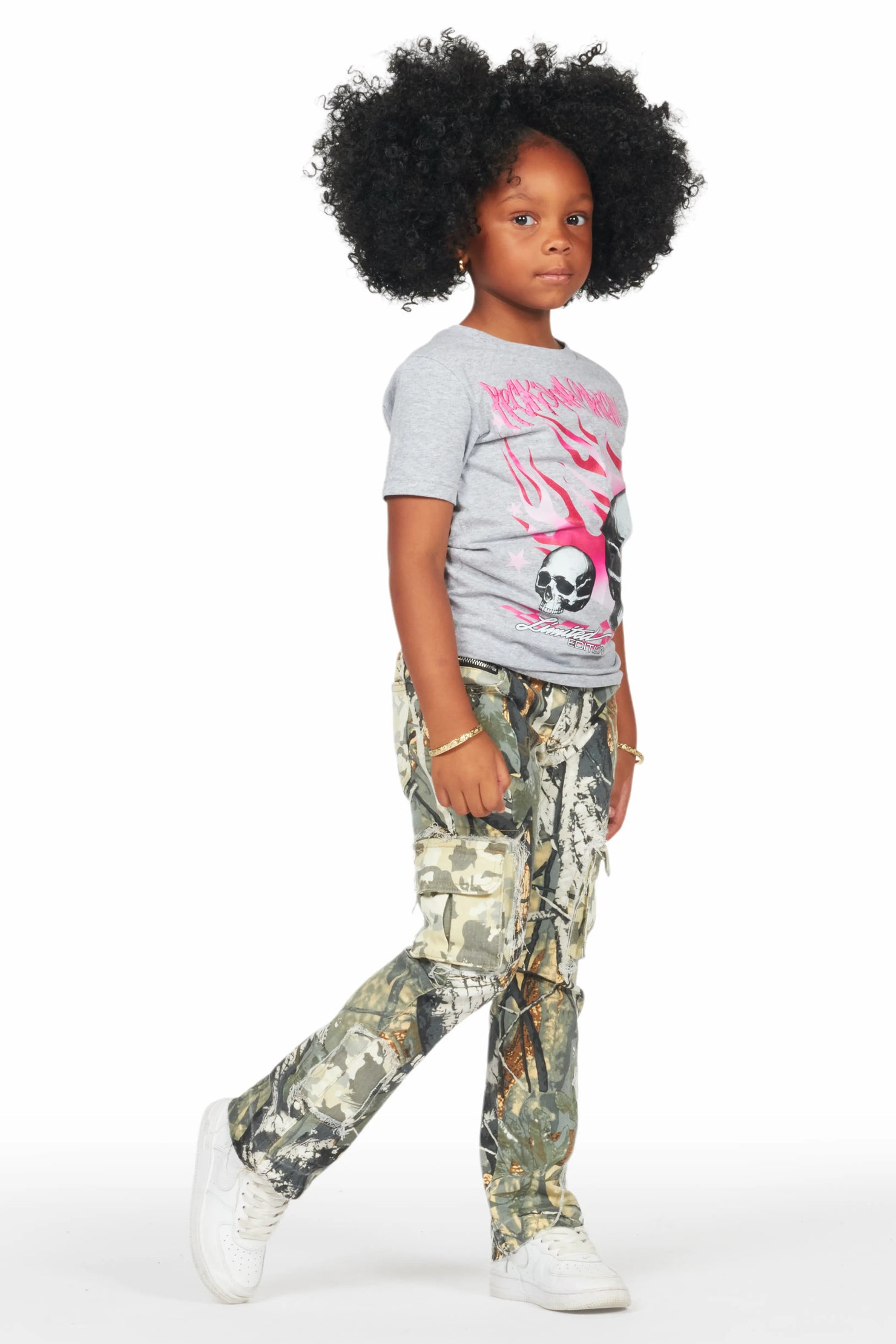 Girls Talie Tree Camo T-Shirt/Stacked Flare Jean Set