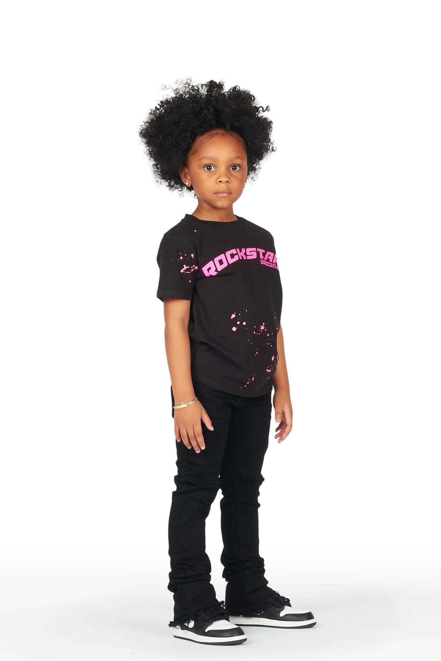 Girls Elmina Black T-Shirt Super Stacked Flare Jean Set