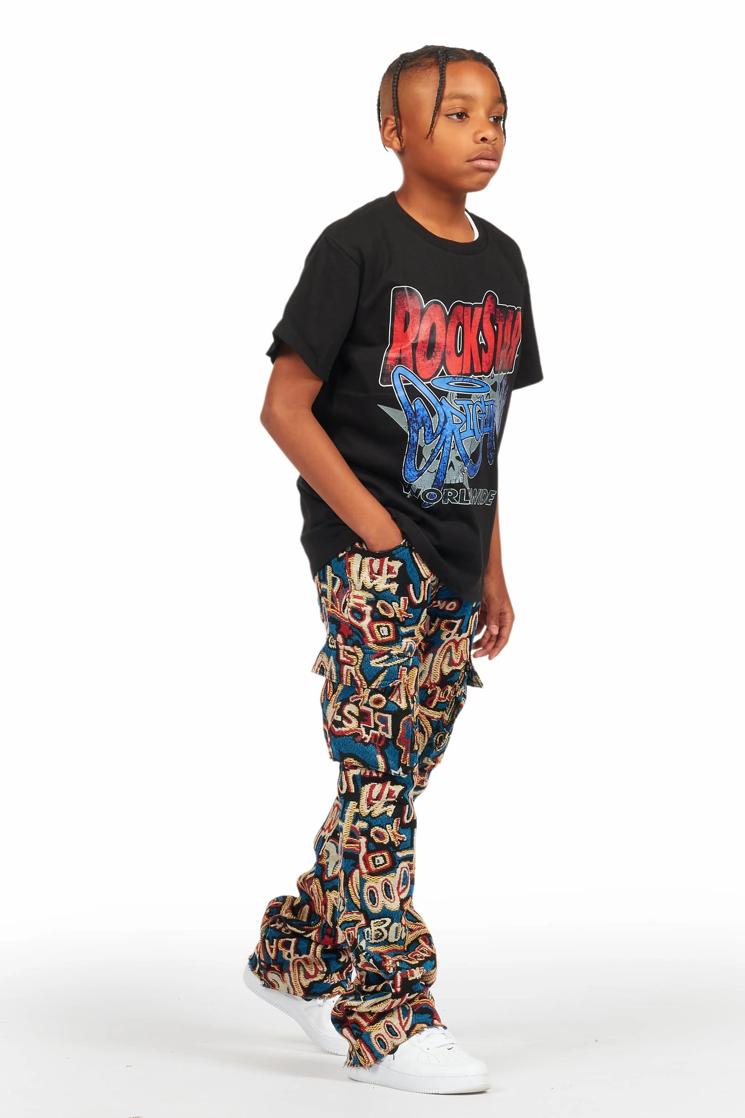 Boys Tyrell Blue Multi Tapestry Stacked Flare Jean