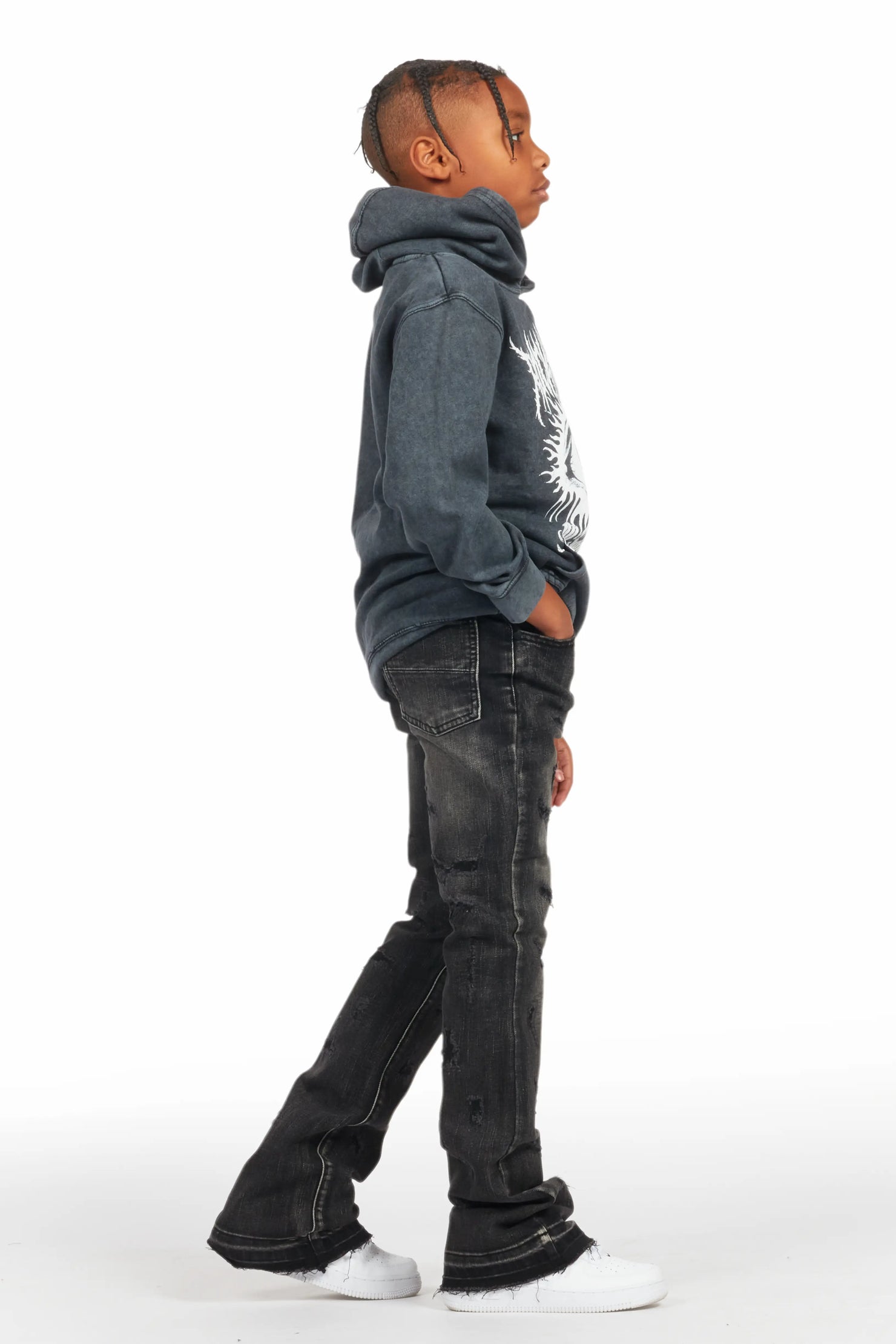 Boys All Eyes Vintage Black Hoodie/Stacked Flare Jean Set