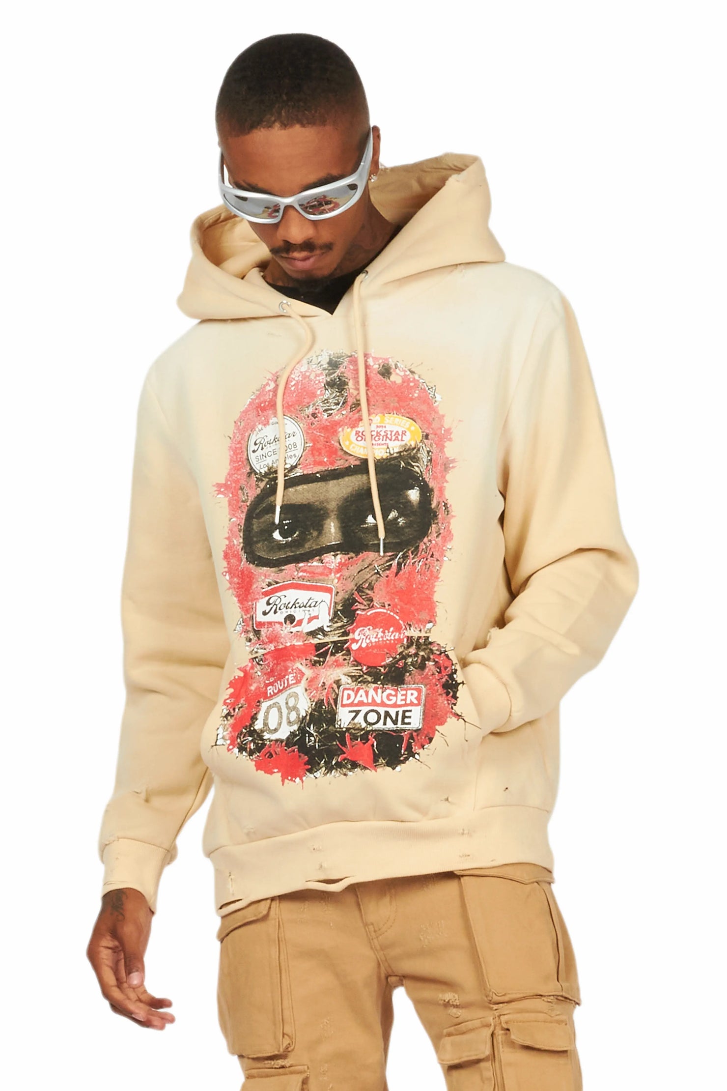 Lemar Beige Distressed Graphic Hoodie