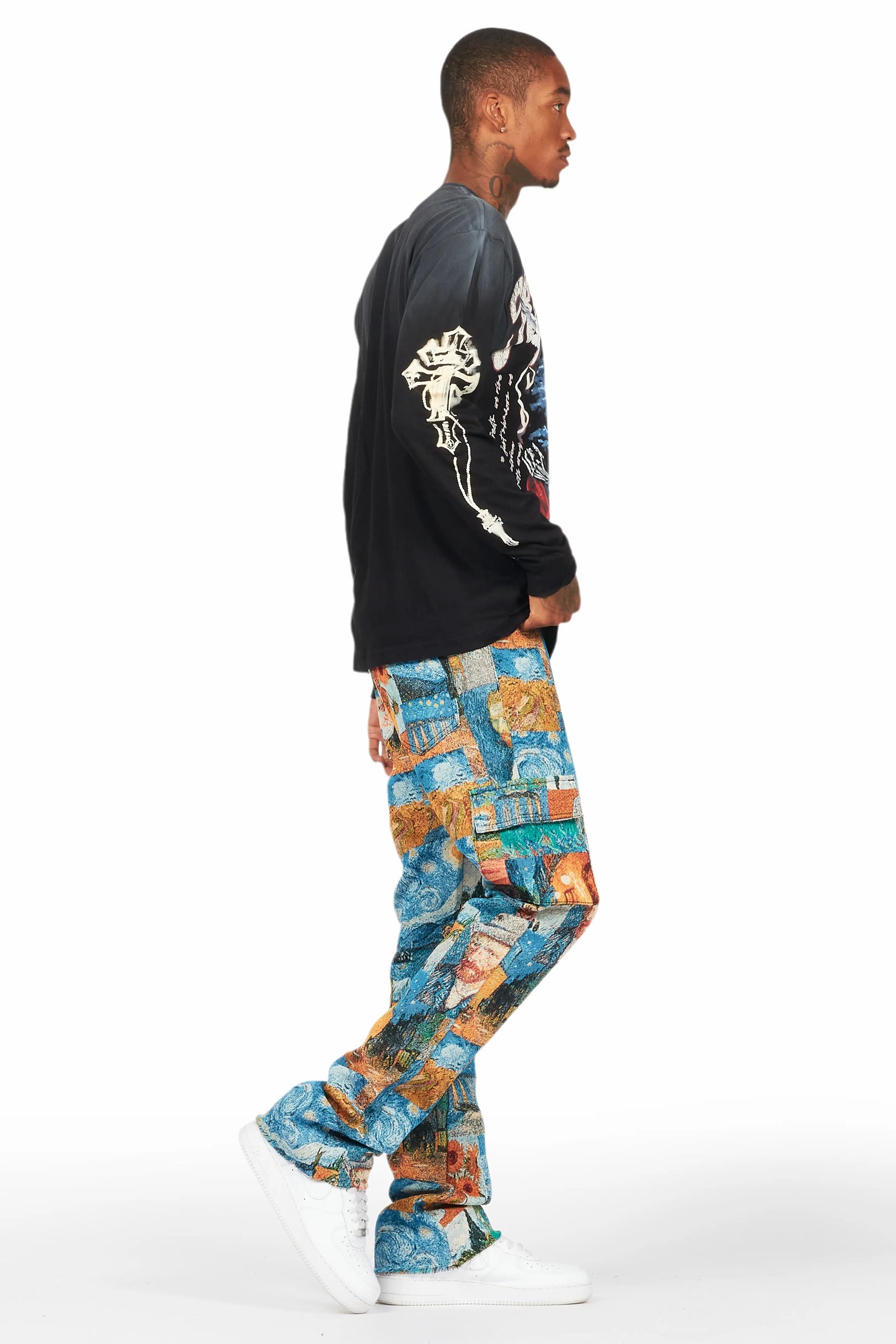 Zaire Blue Multi Tapestry Stacked Flare Jean