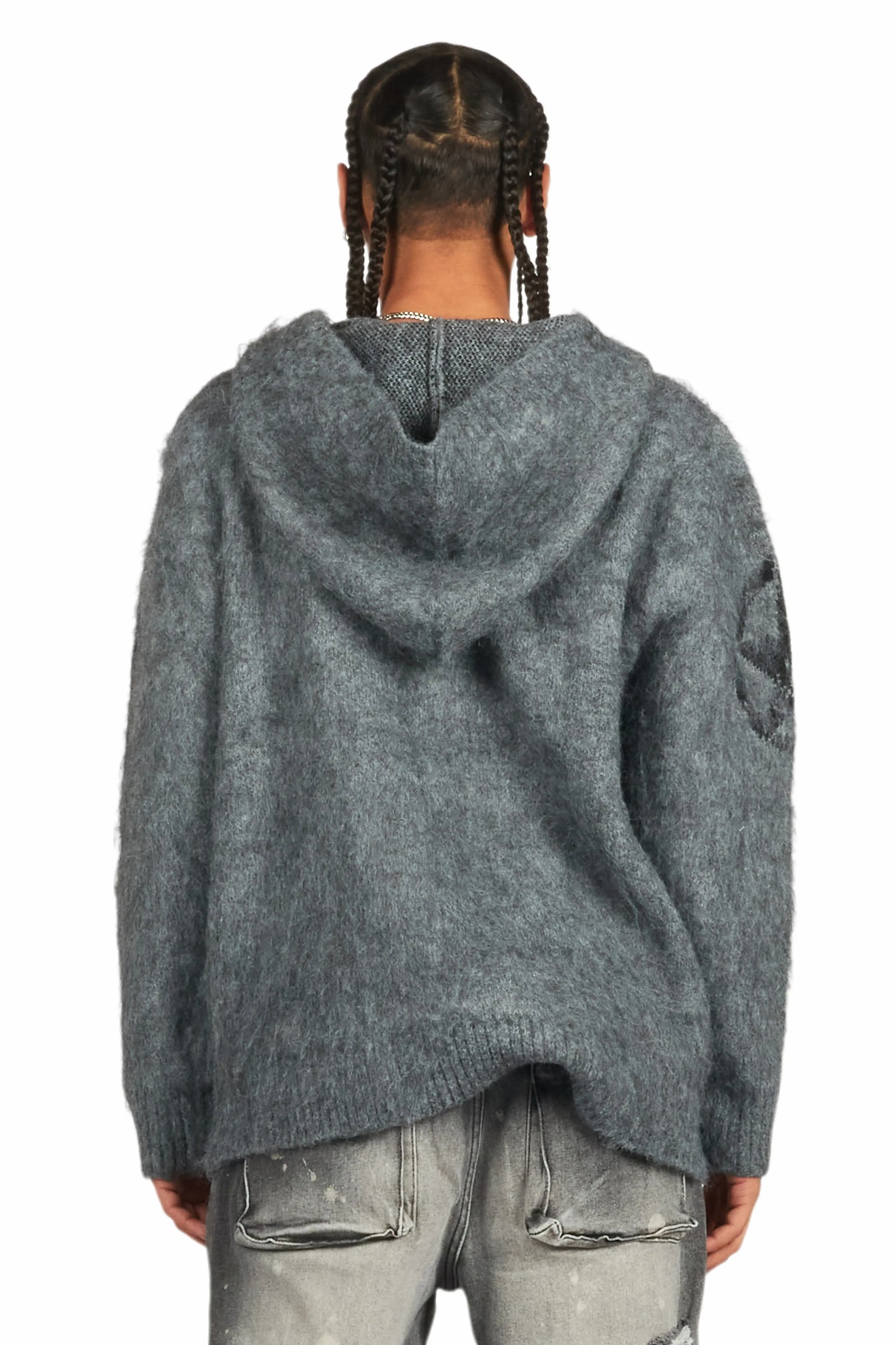 Wizzurd Grey Graphic Knitted Mohair Hoodie