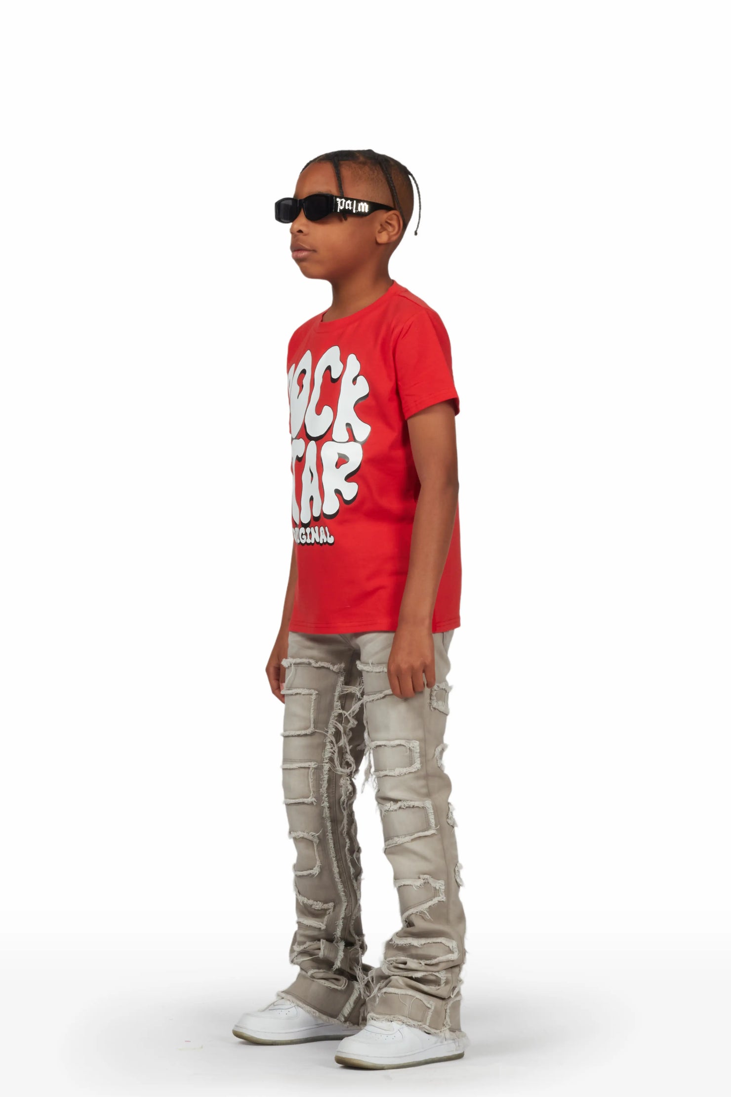 Boys Royston Grey/Red T-Shirt/Super Stacked Flare Jean Set