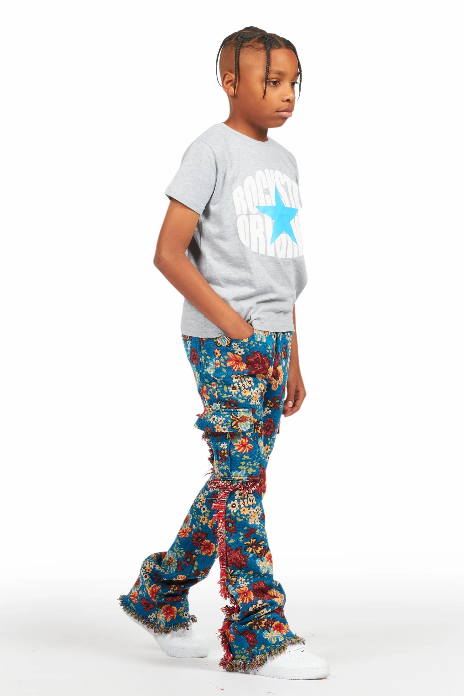 Boys Finn Blue Slim Tapestry Flare Pants