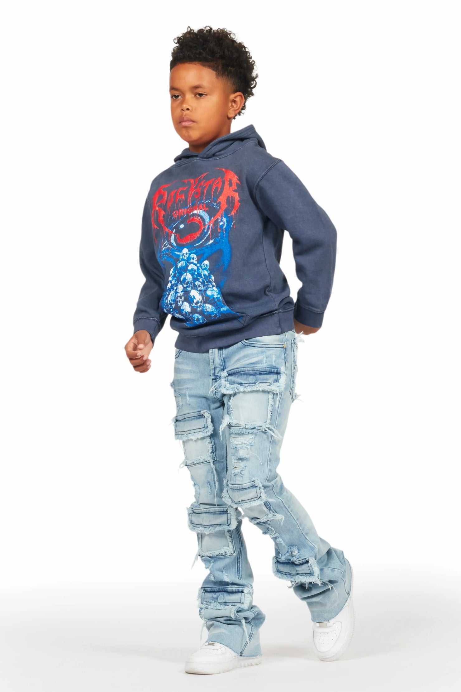 Boys Vicious Vintage Navy Hoodie/Stacked Flare Jean Set