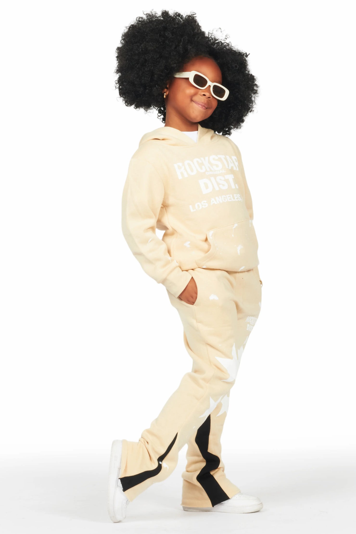 Girls Harlow Beige Hoodie Stacked Flare Track Set