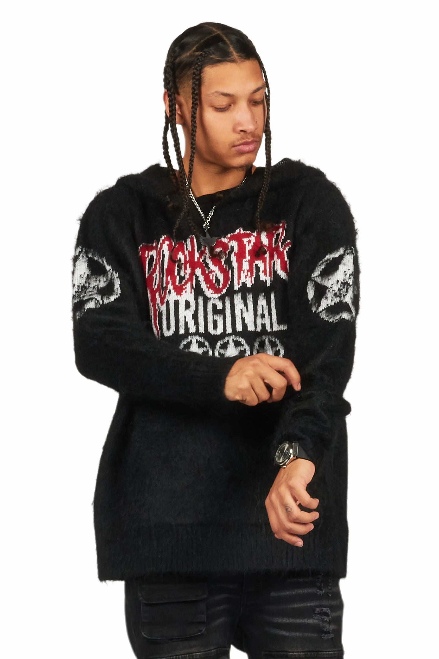 Wizzurd Black Graphic Knitted Mohair Hoodie