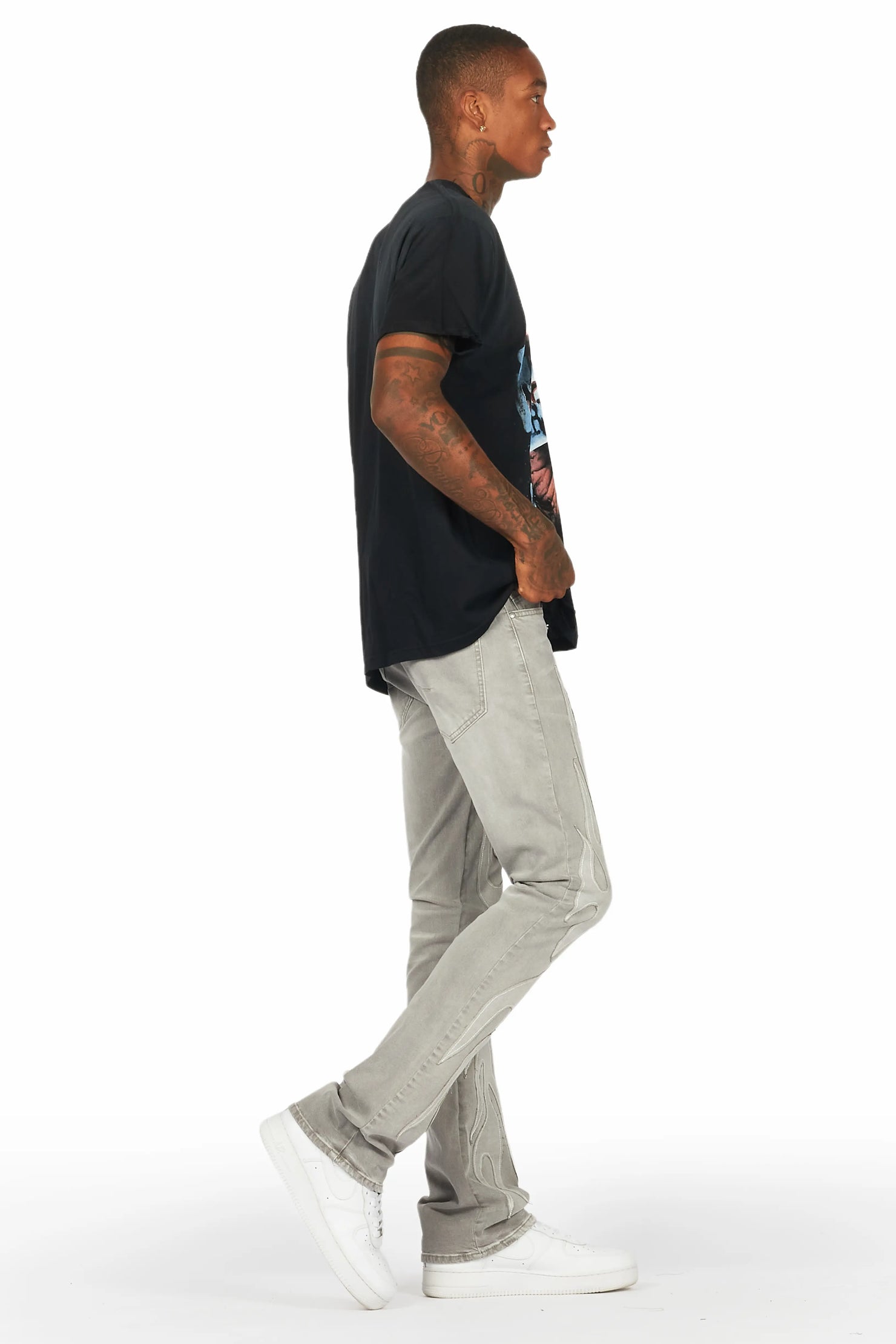 Ebbos Grey Flame Patched Skinny Flare Jean