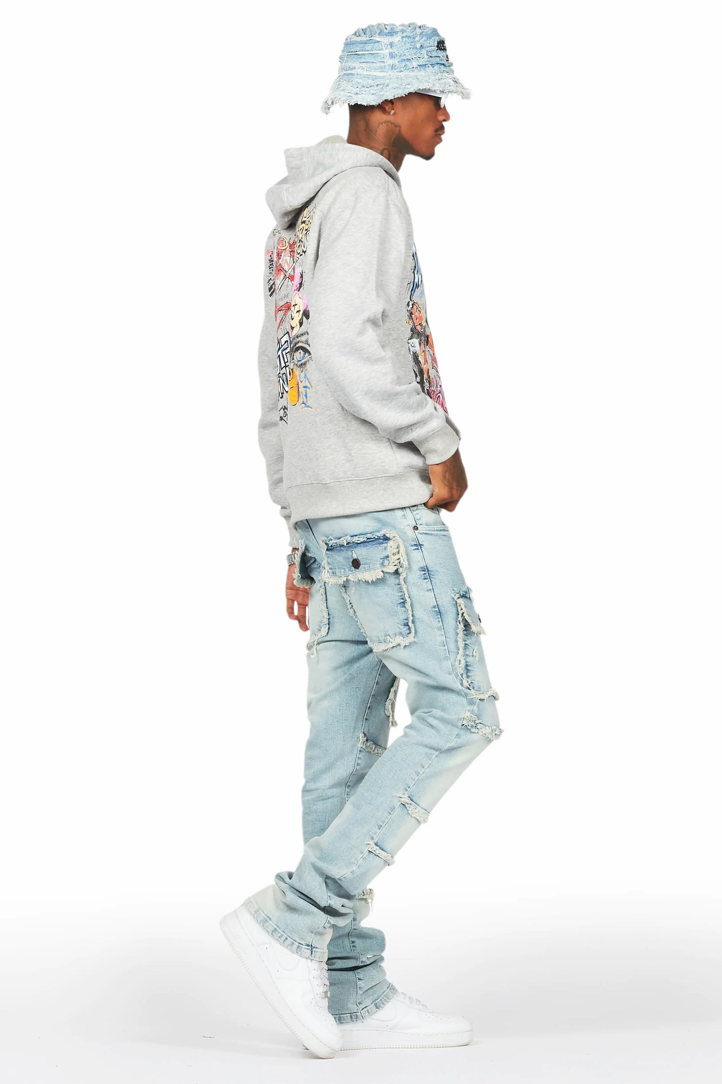 Yooz Heather Grey Hoodie/Stacked Flare Cargo Jean Bundle