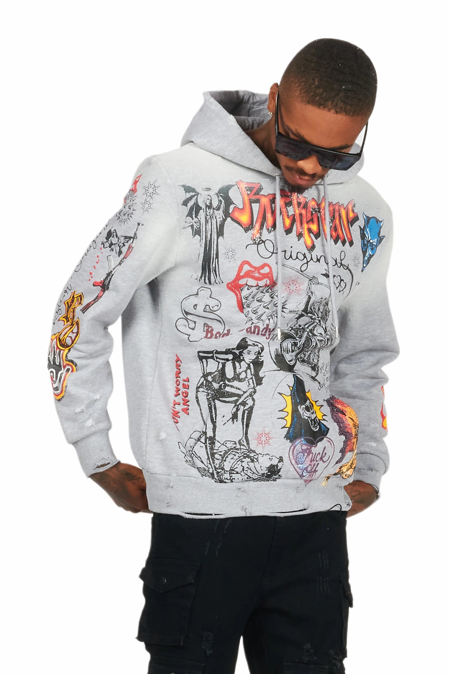 Shoota Heather Grey Distressed Graphic Hoodie