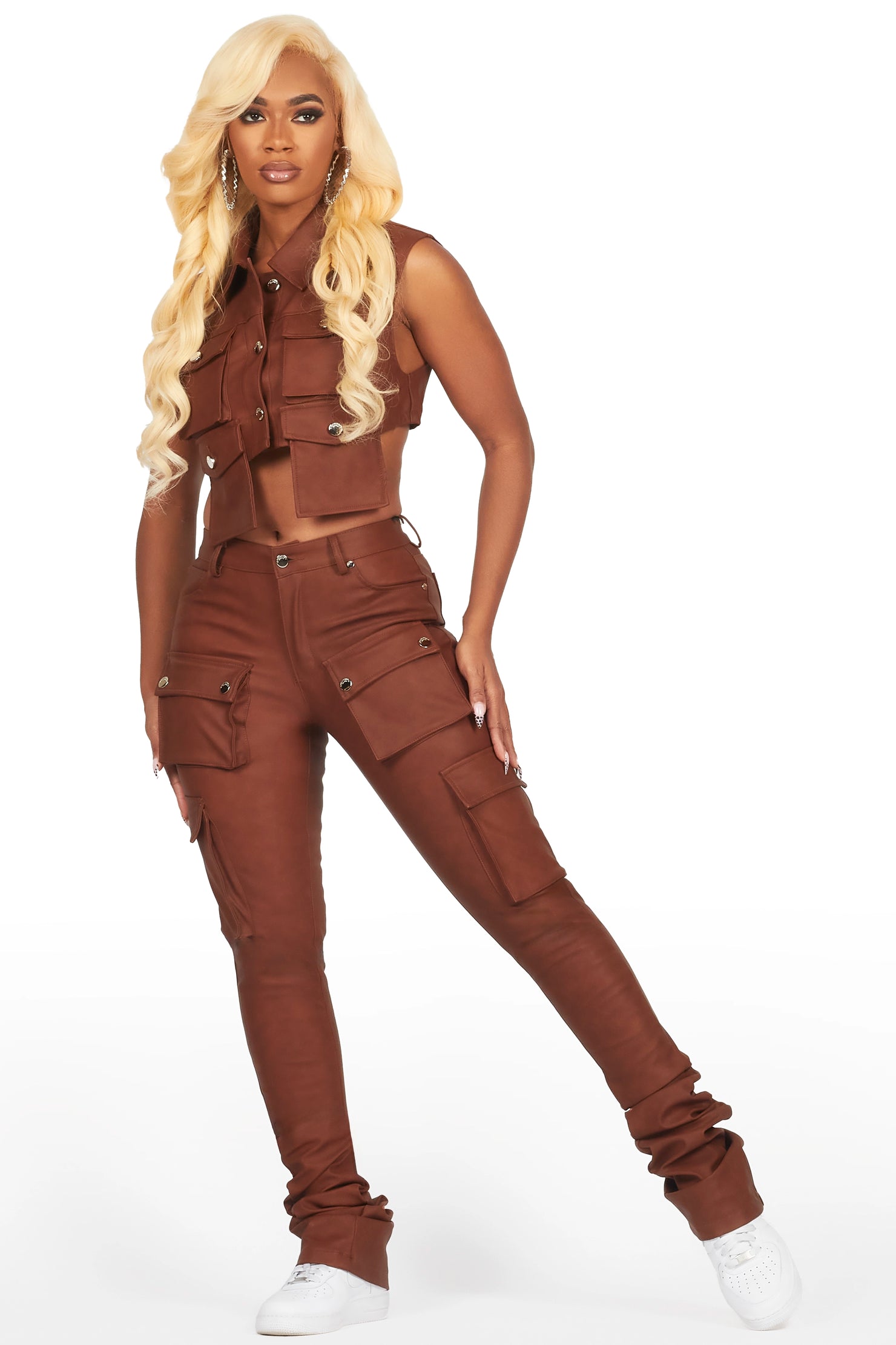 Kiedra Brown Cargo Faux Leather Vest