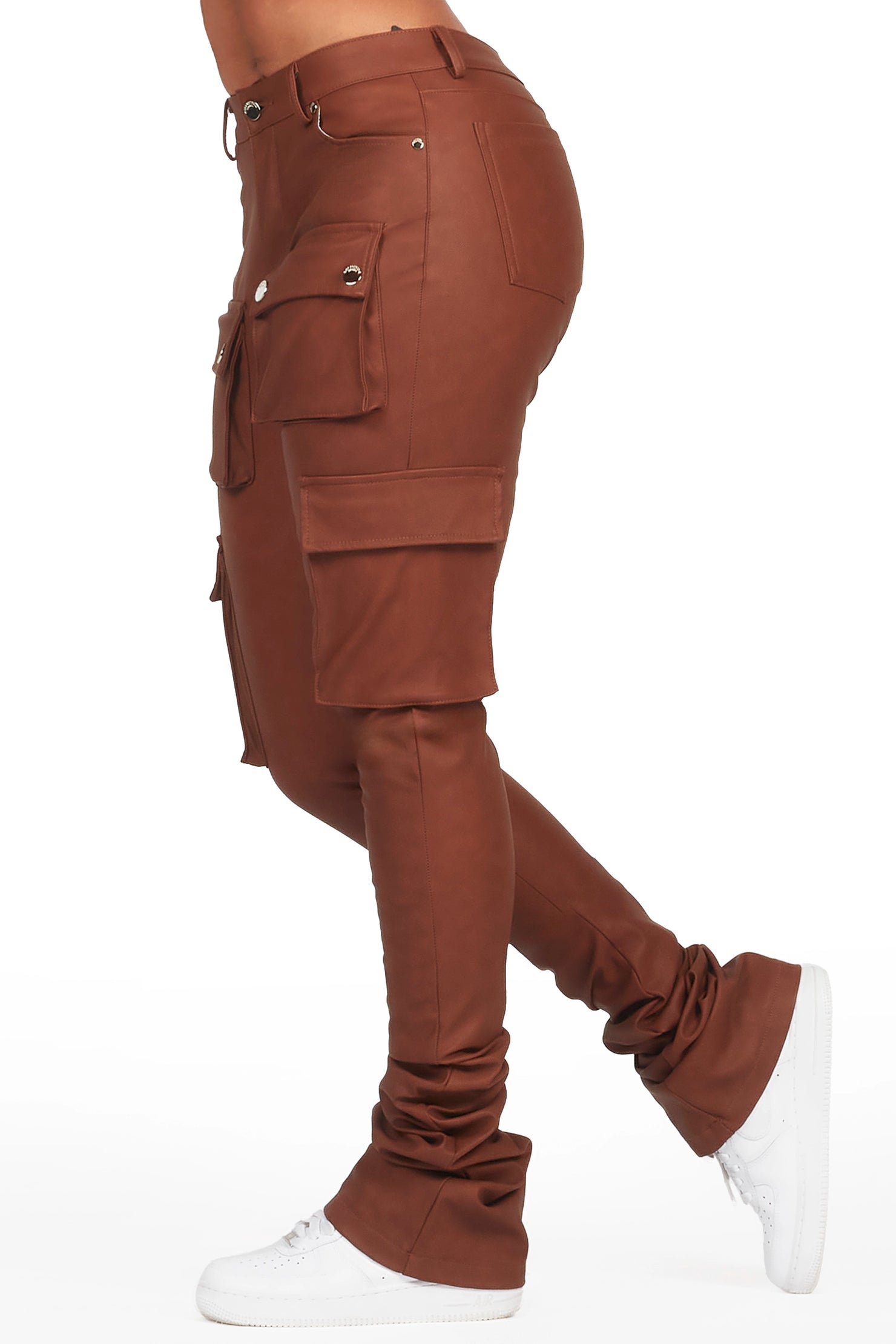 Kiedra Brown Cargo Super Stacked PU Pant