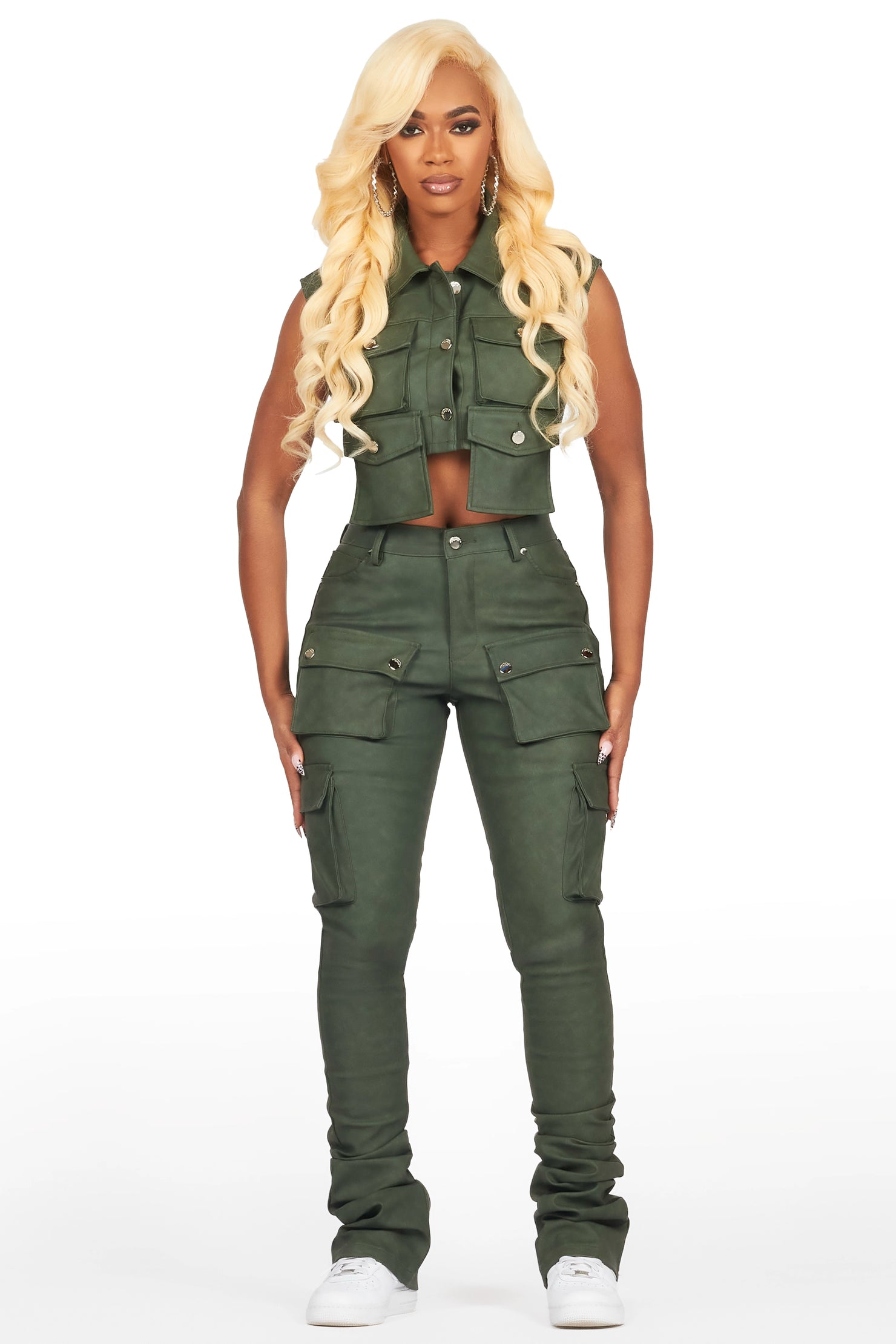 Kiedra Green Cargo Faux Leather Vest