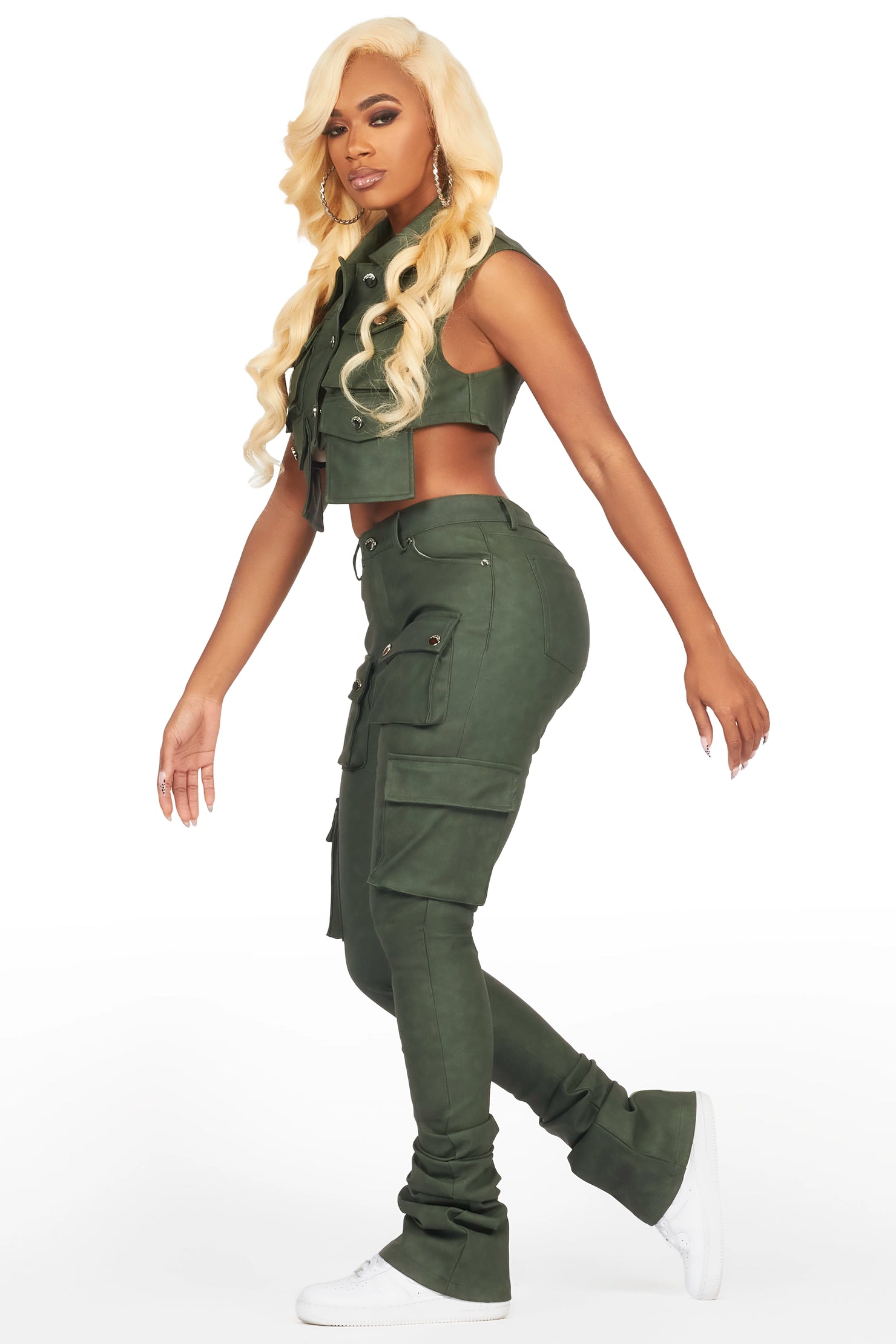 Kiedra Green Cargo Super Stacked PU Pant