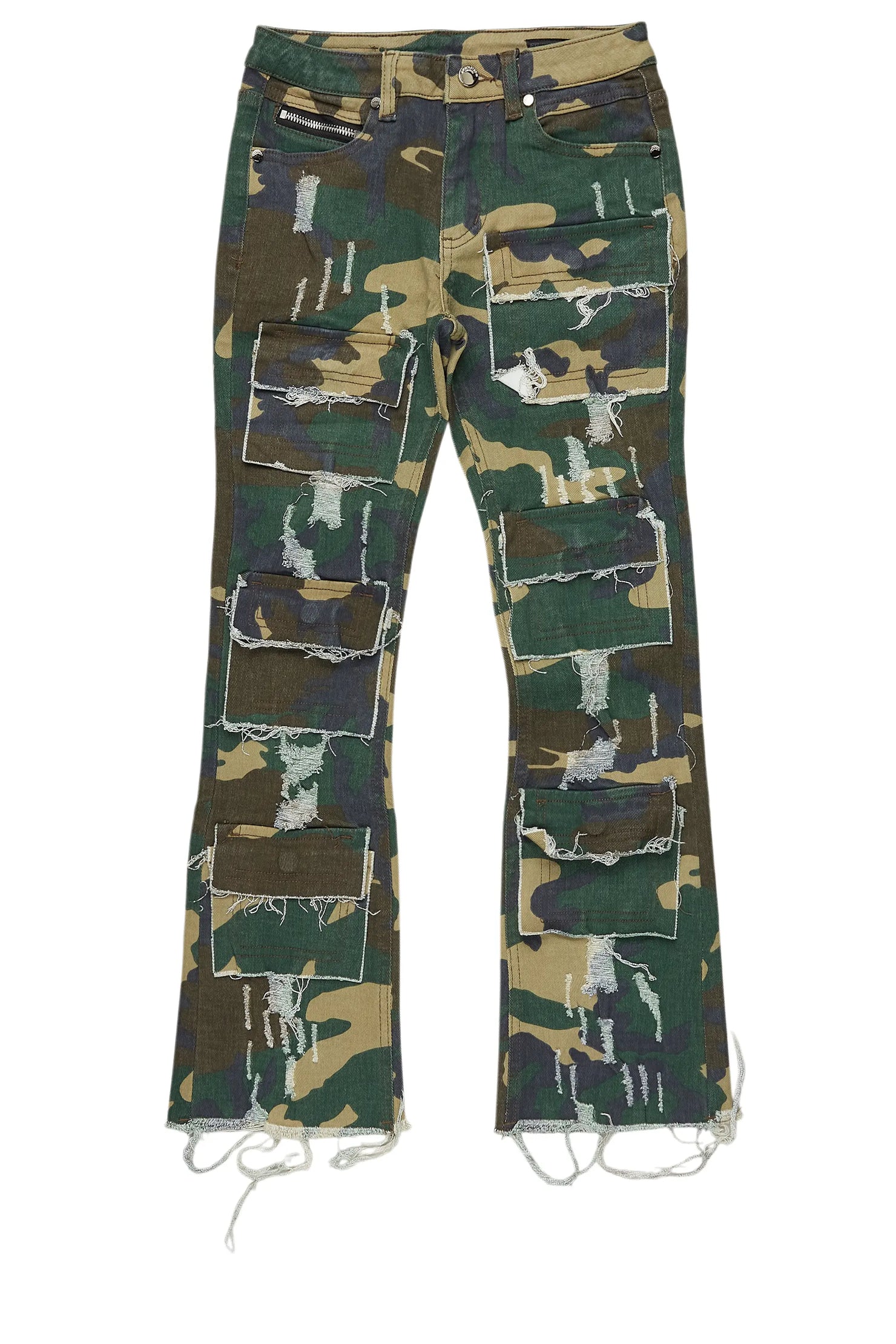 Girls Aimee Green Camo/Grey Hoodie/Stacked Flare Jean Set