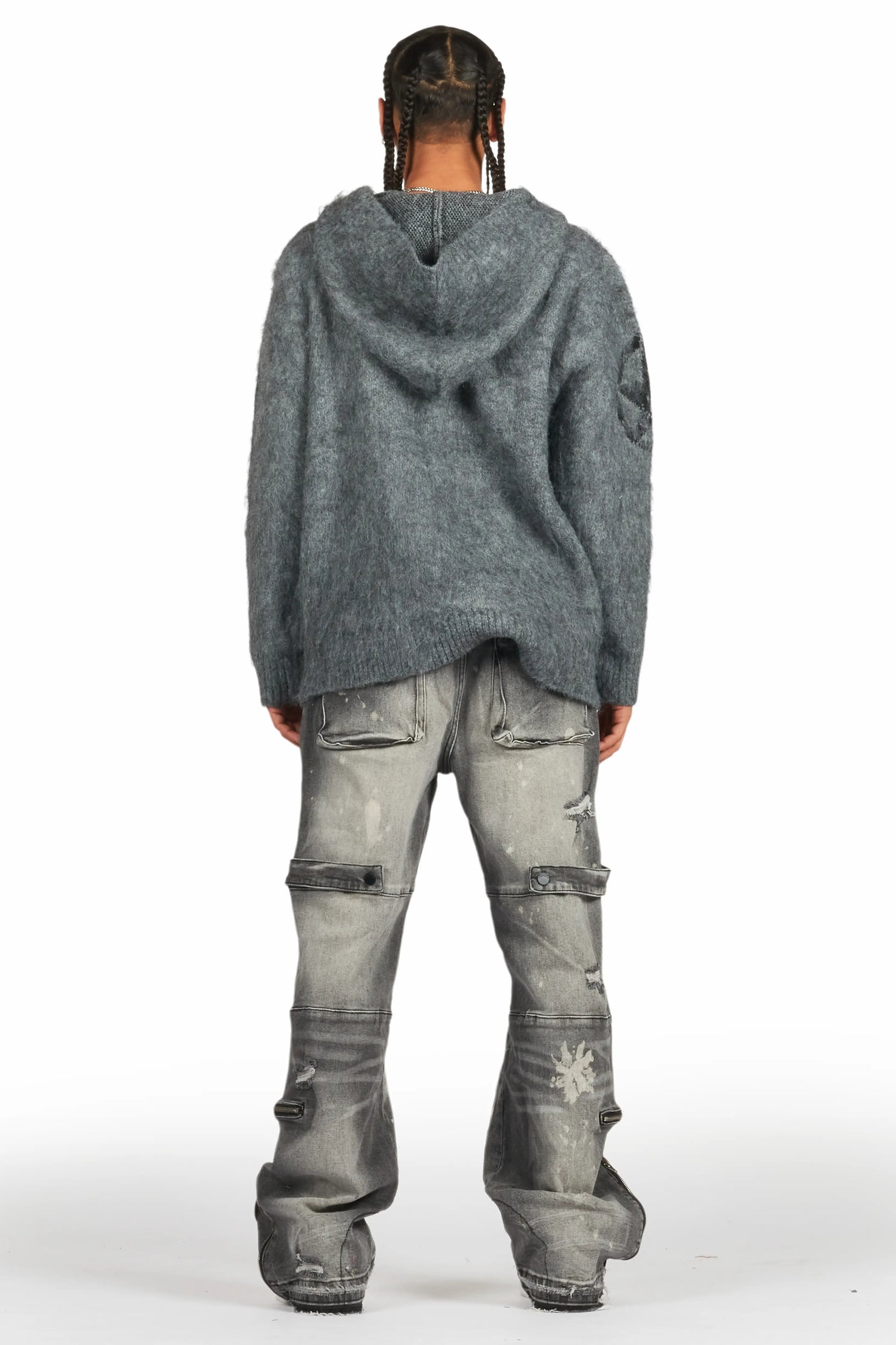 Wizzurd Grey Graphic Knitted Mohair Hoodie