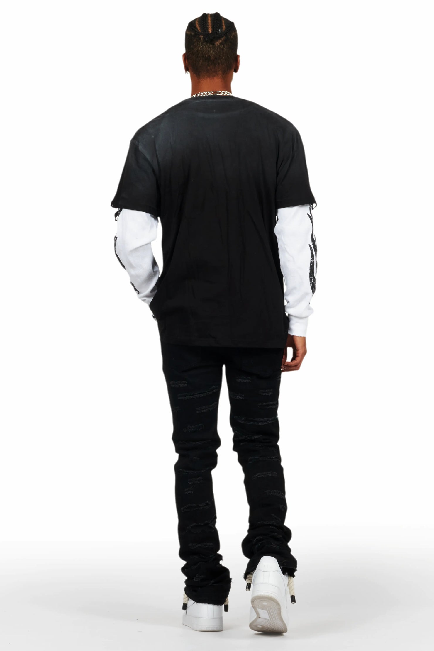 Jaren Black Double Layer Long Sleeve Graphic T-Shirt