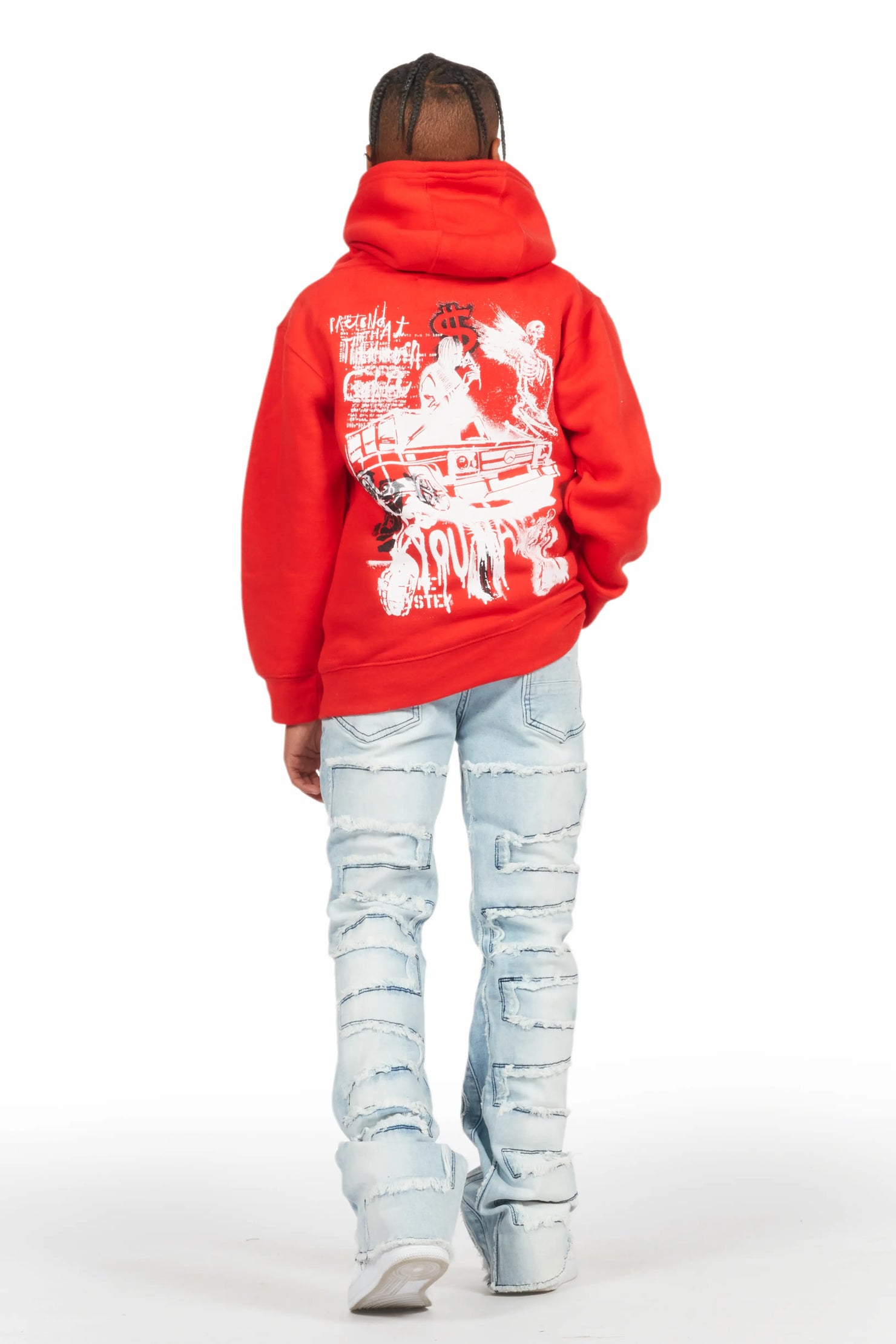 Boys Beau Red/Blue Hoodie/Stacked Flare Jean Set