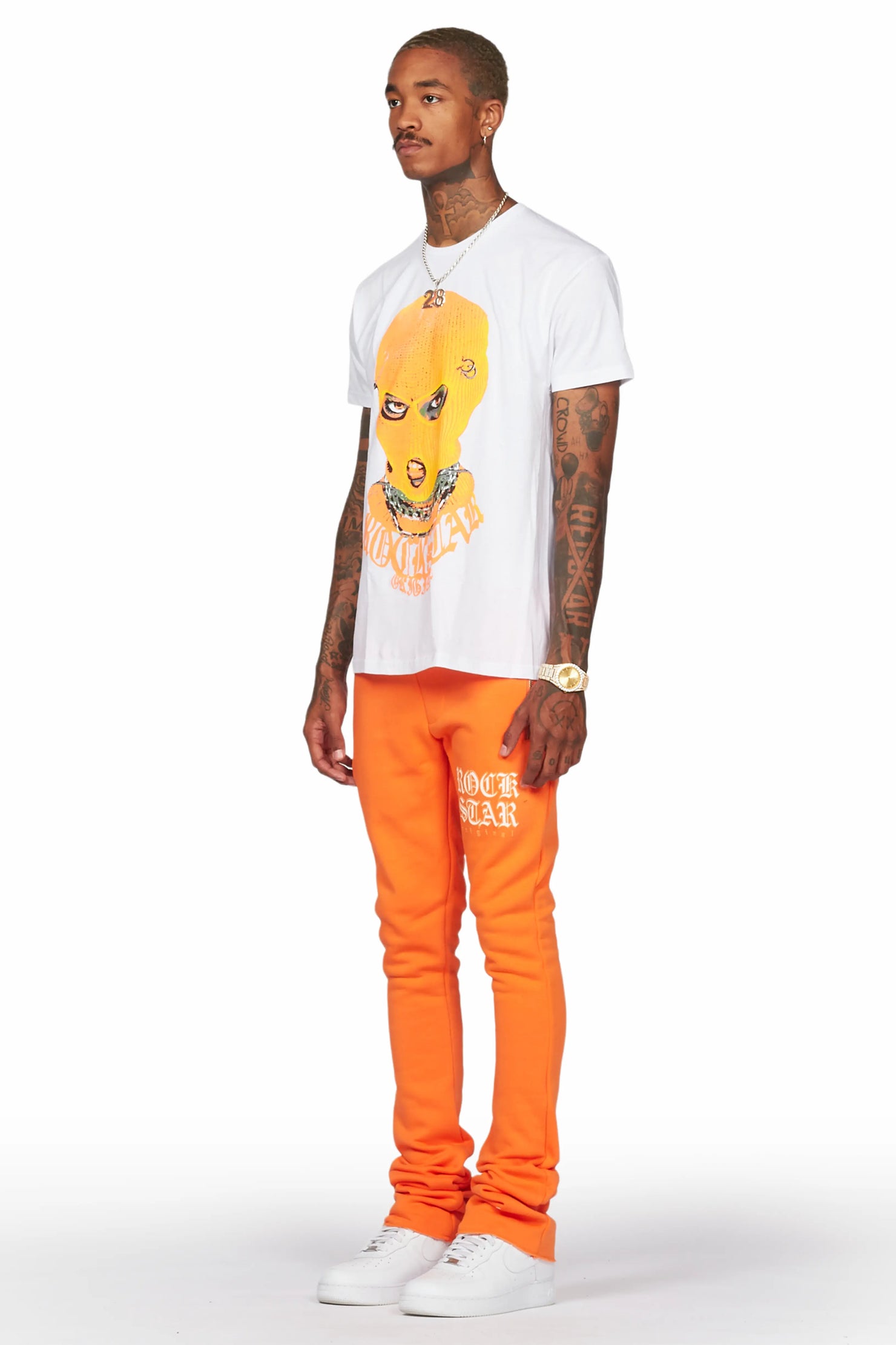 Murdra White/Orange T-Shirt/Stacked Flare Pant Set