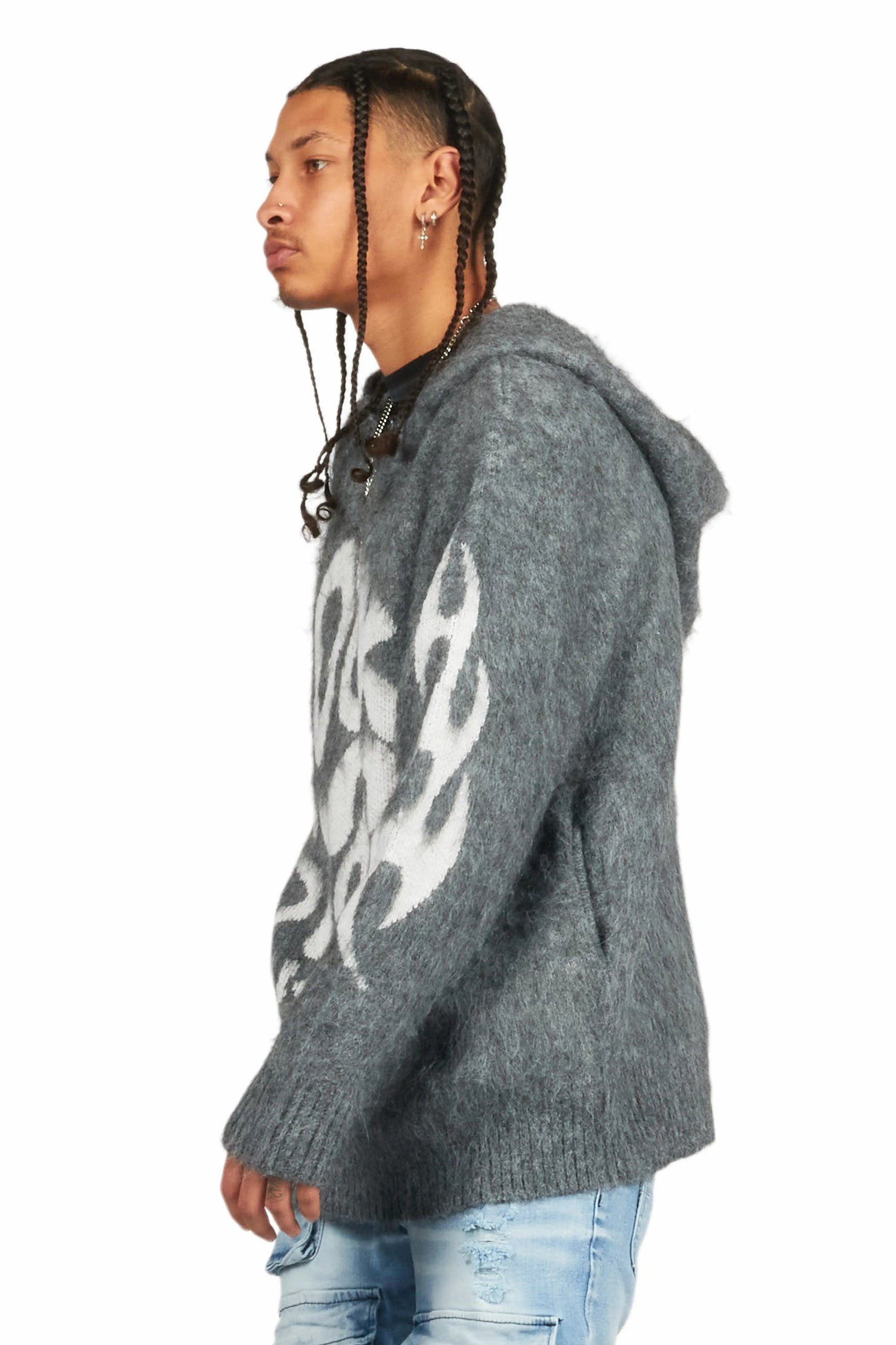 Hakon Grey Graphic Knitted Mohair Hoodie