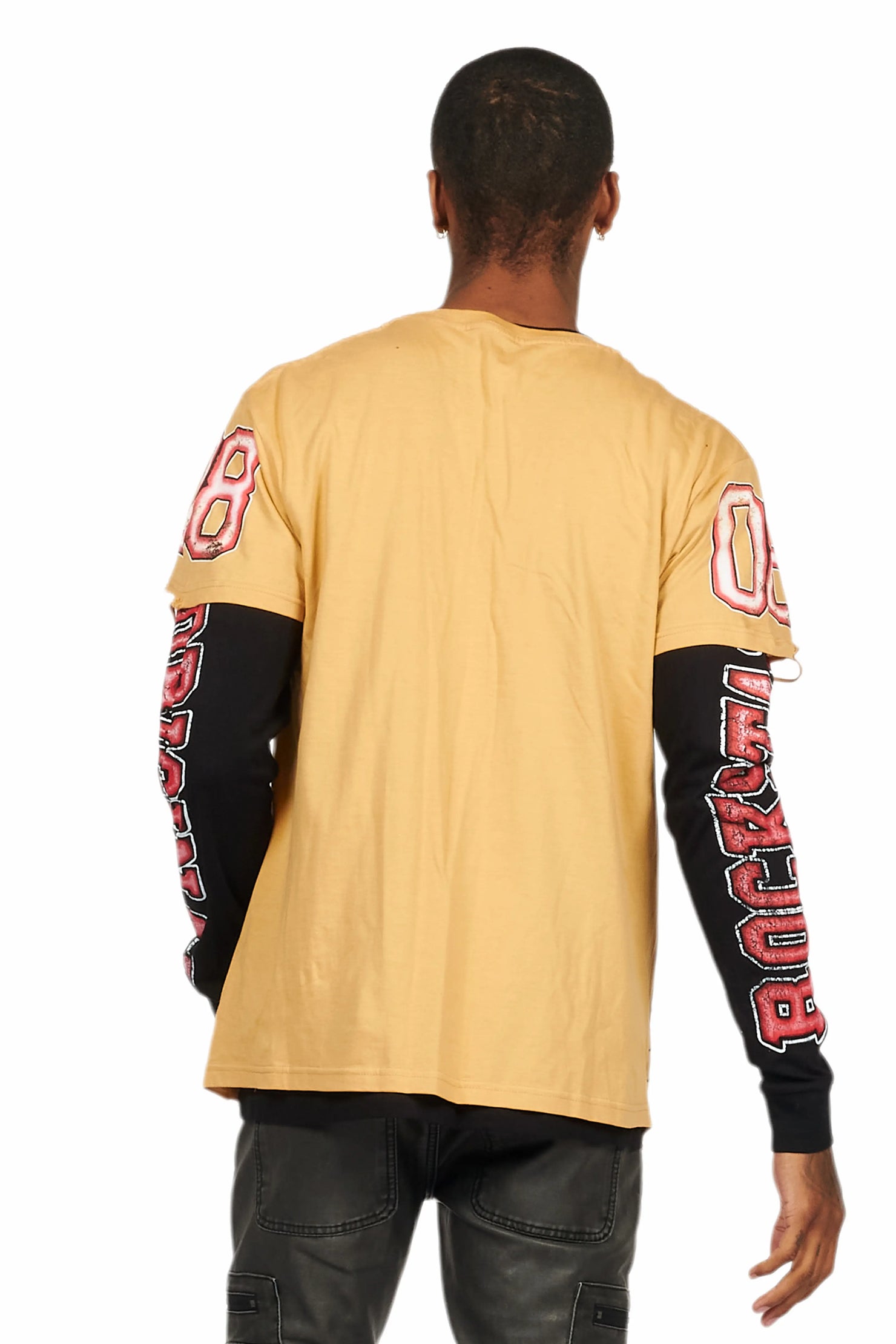 Fields Beige/Red Double Layer Long Sleeve Graphic T-Shirt