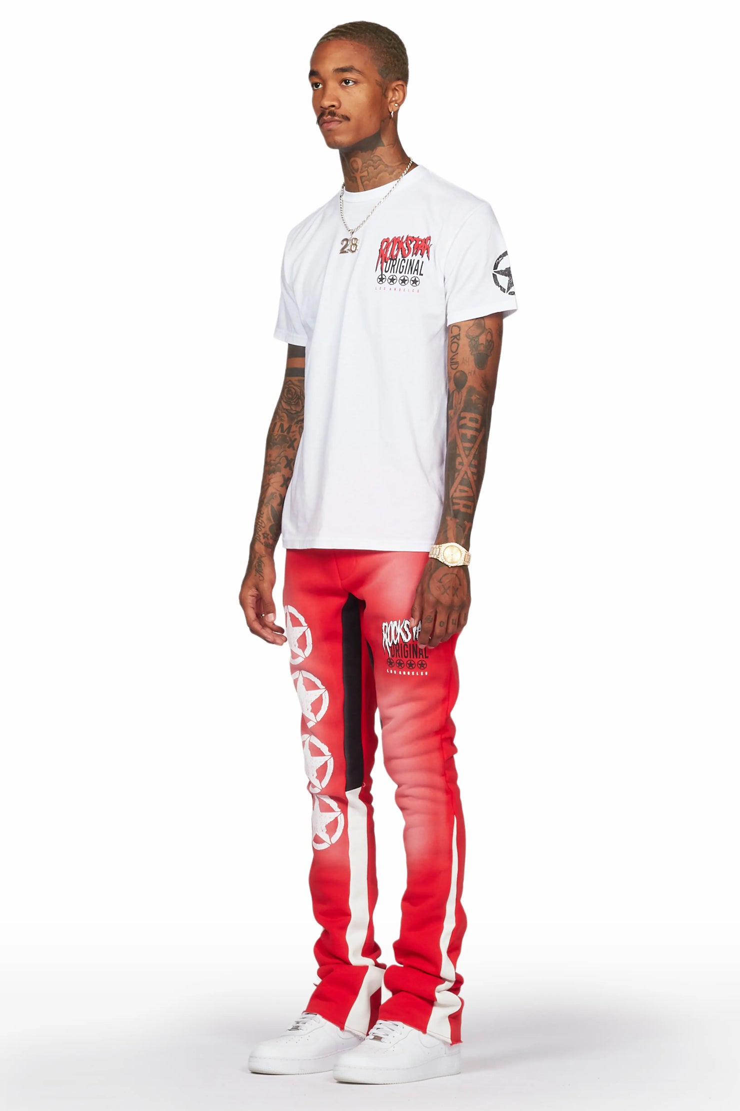 Wizzurd White/Red T-Shirt/Stacked Flare Pant Set