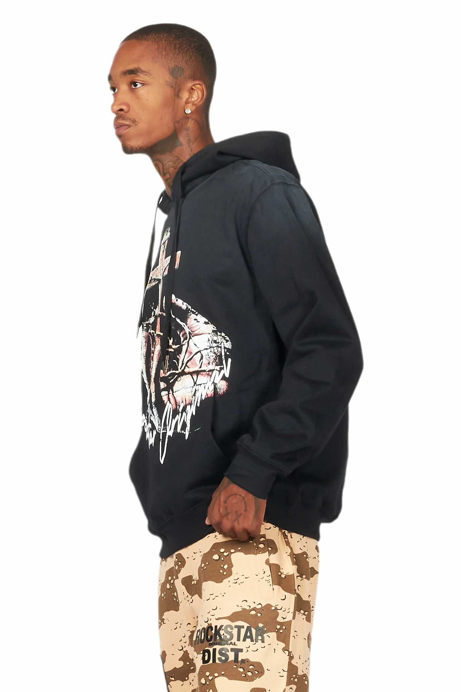 Kateo Black Graphic Distressed Hoodie