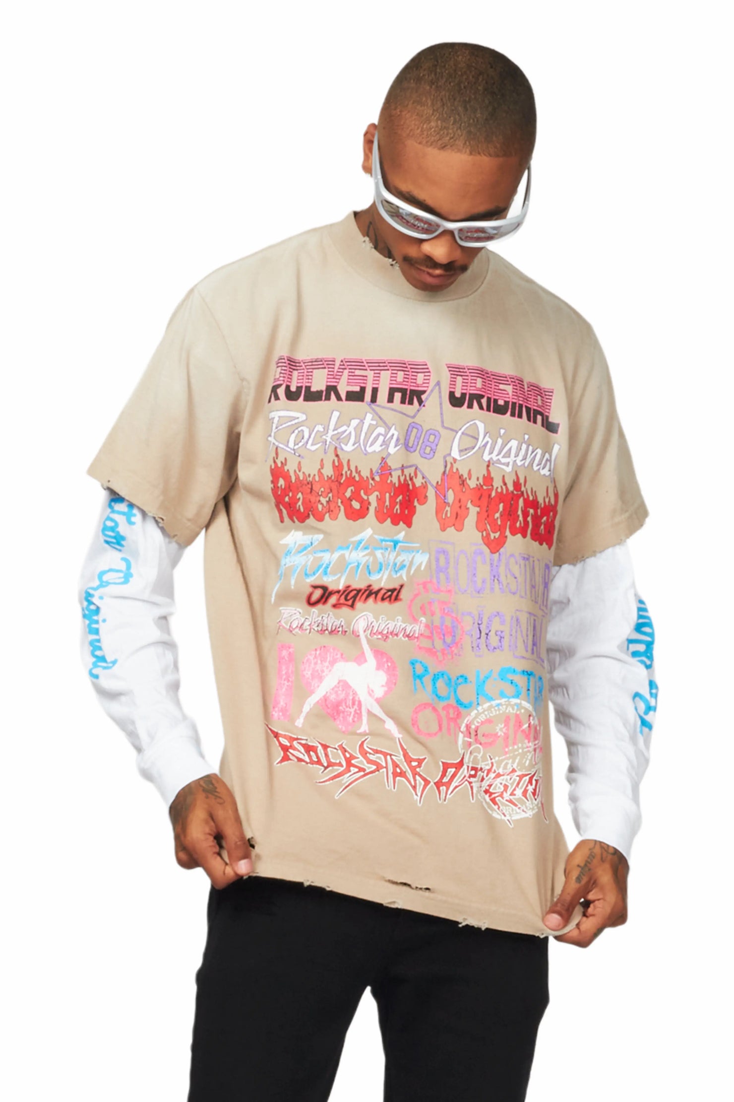 Floridabolous Beige/White Double Layer Long Sleeve Graphic T-Shirt