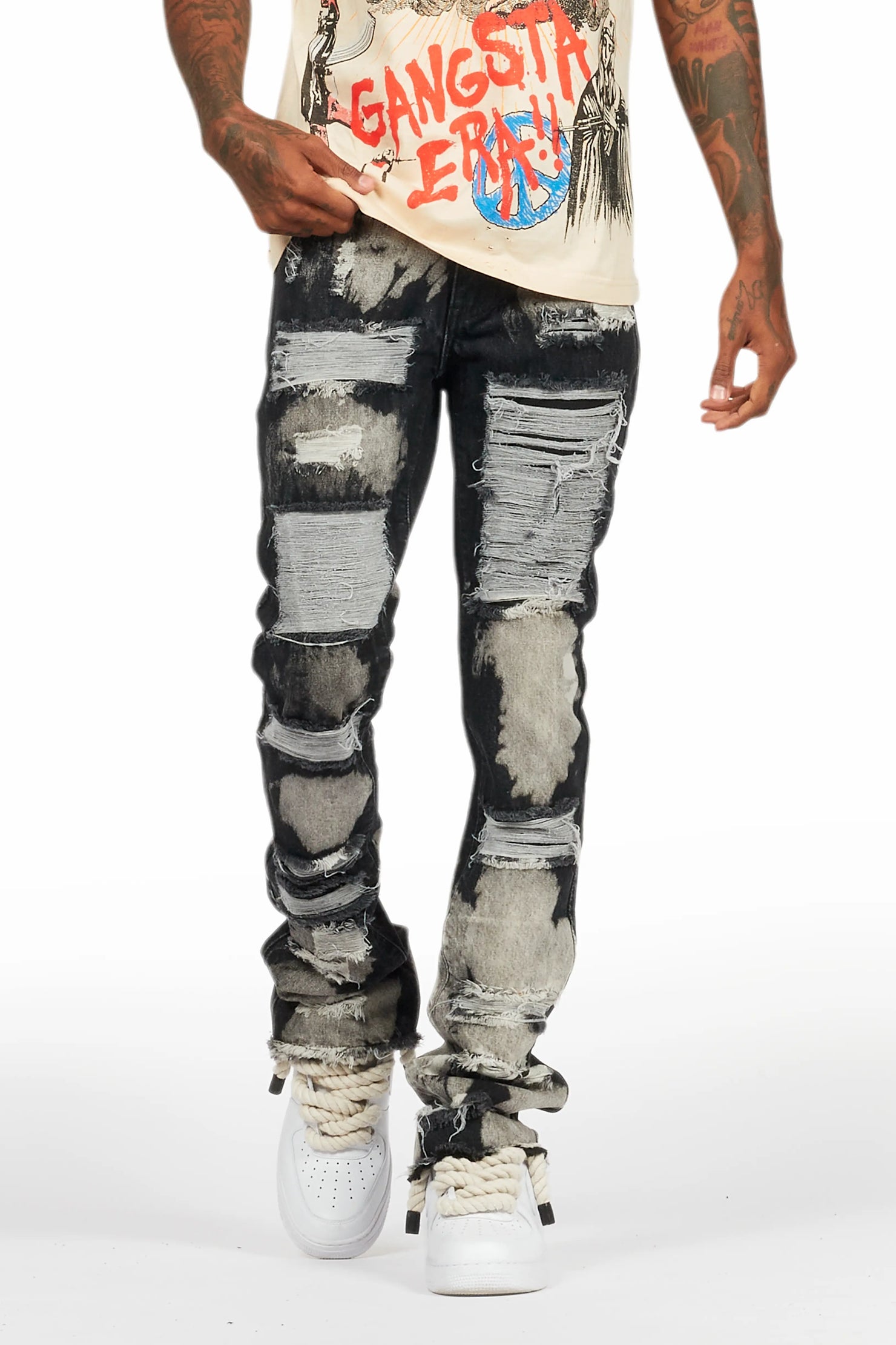 Stig Black Bleach Stacked Flare Jean