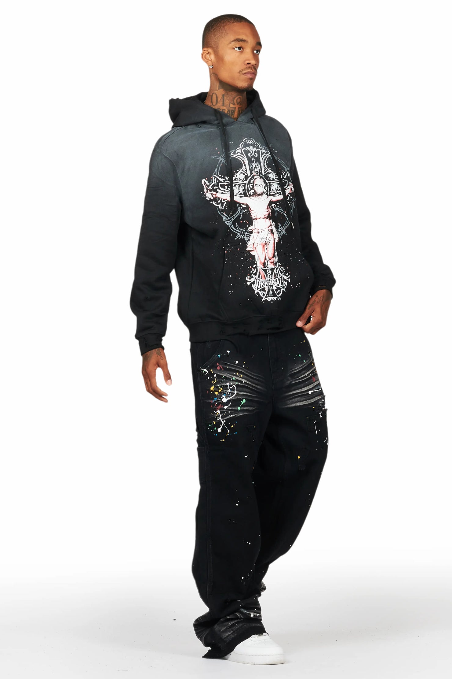 Ojas Black Graphic Distressed Hoodie