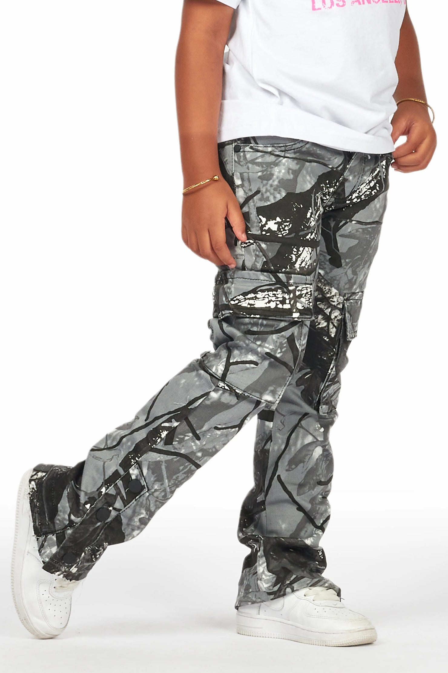 Girls Amiry Grey Camo Stacked Flare Cargo Jean