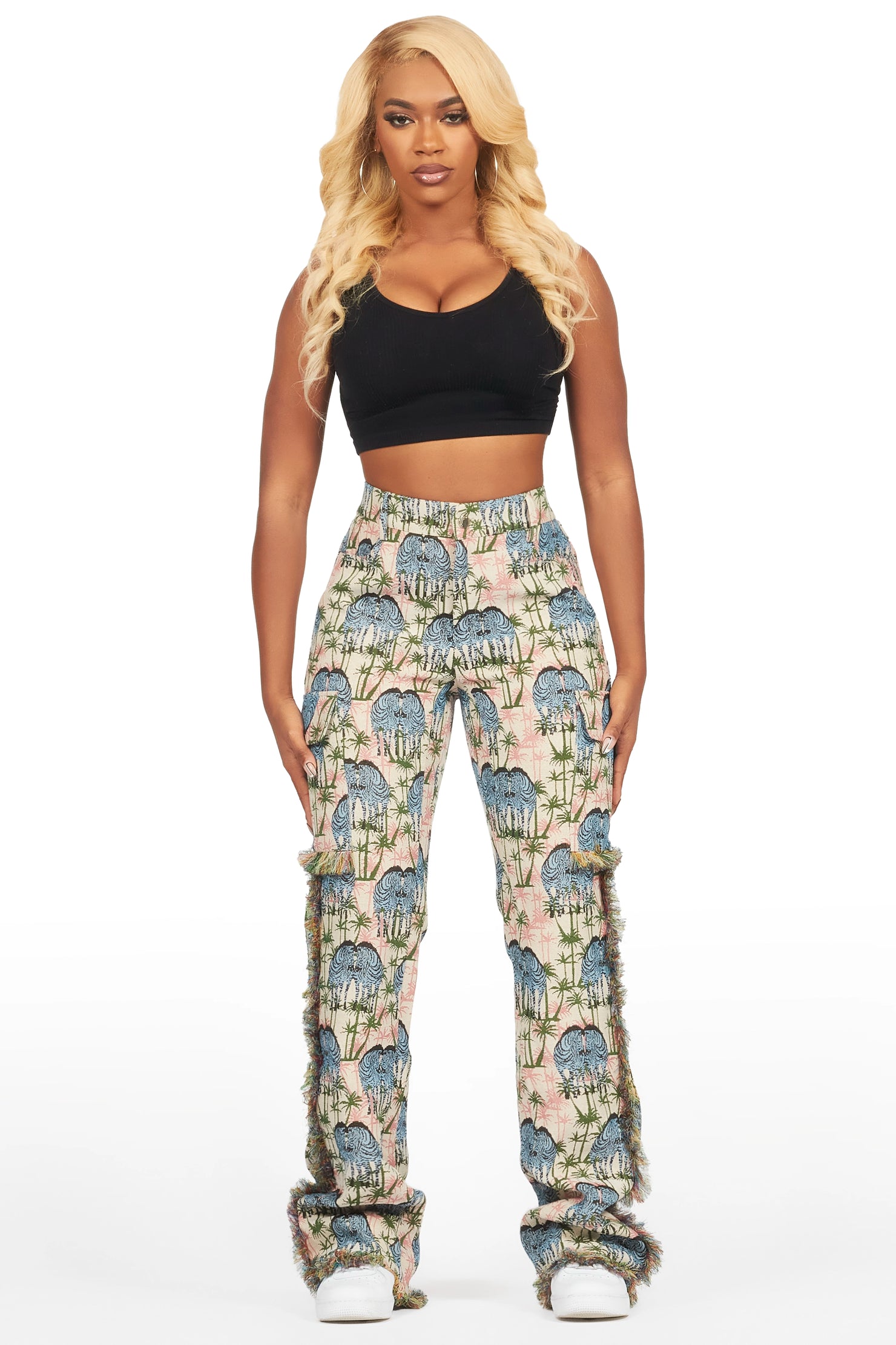 Zeontee Pink Animal Print Cargo Tapestry Stacked Pant