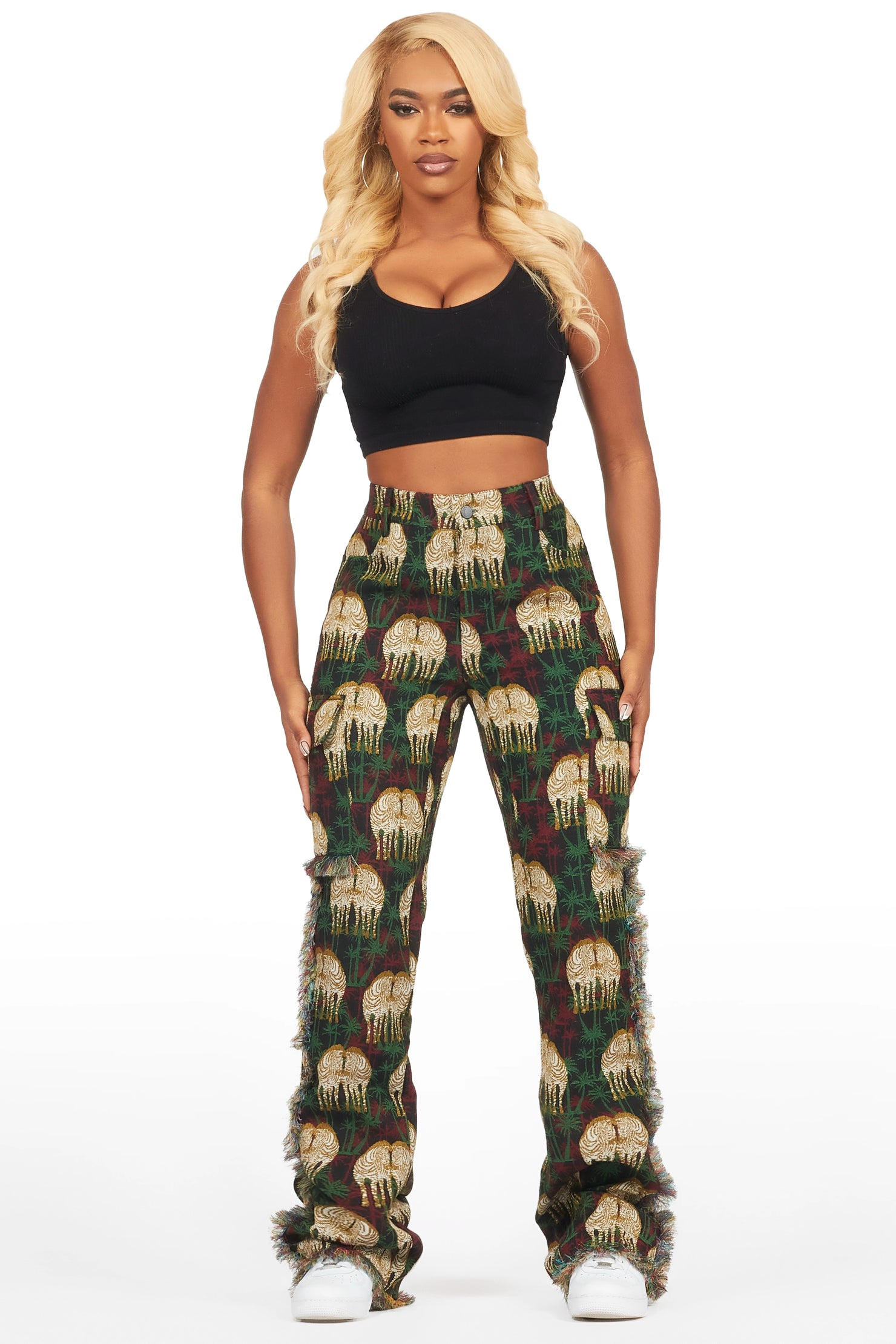 Zeontee Black Animal Print Cargo Tapestry Stacked Pant