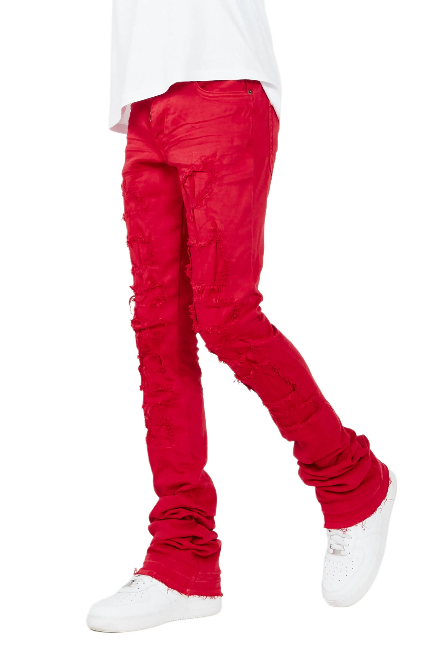 Men's Rockstar Shake Red Stacked Distressed Flare Slim Fit Denim Jeans - 42  