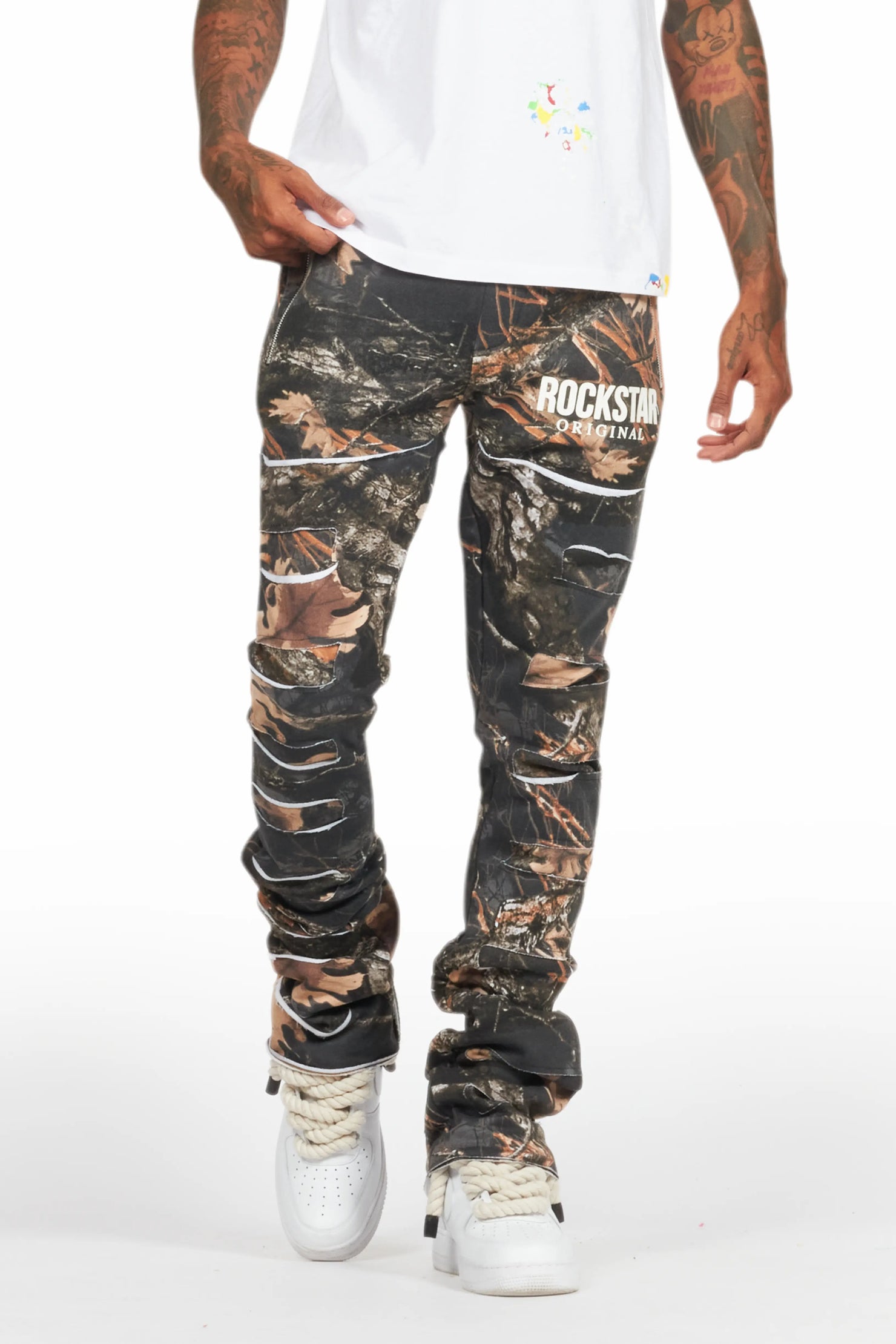 Emilio Black Tree Camo Stacked Flare Track Pant