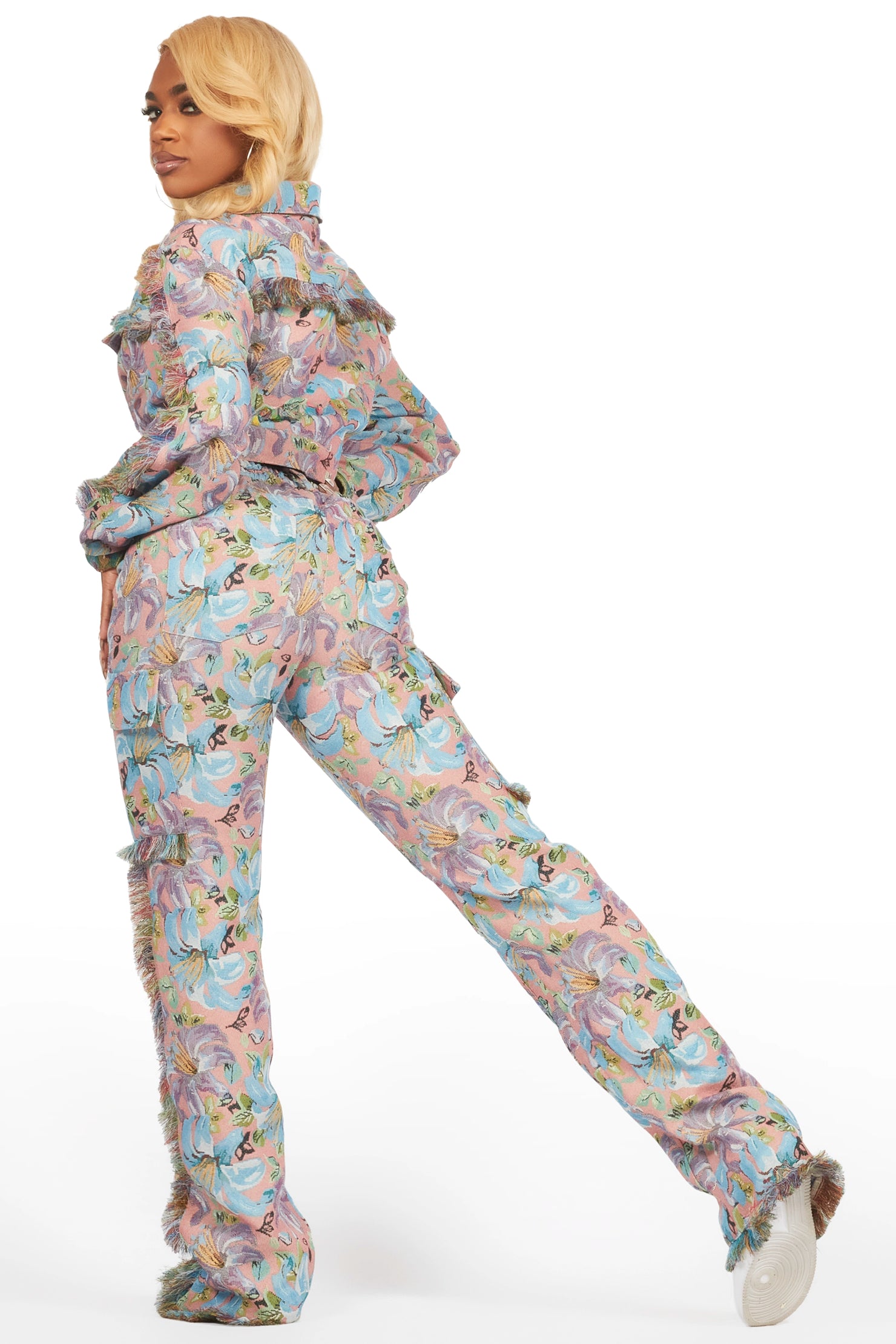 Tykima Pink Floral Cargo Tapestry Stacked Pant